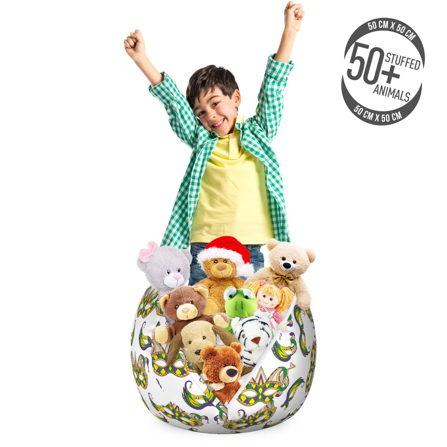Ambesonne Mardi Gras Toy Storage Bag Chair - Carnival Celebration Pattern, Washable Stuffed Animal Organizer (Small, Purple Green Yellow) - Perfect for Kids' Room, Playroom & Party Decor