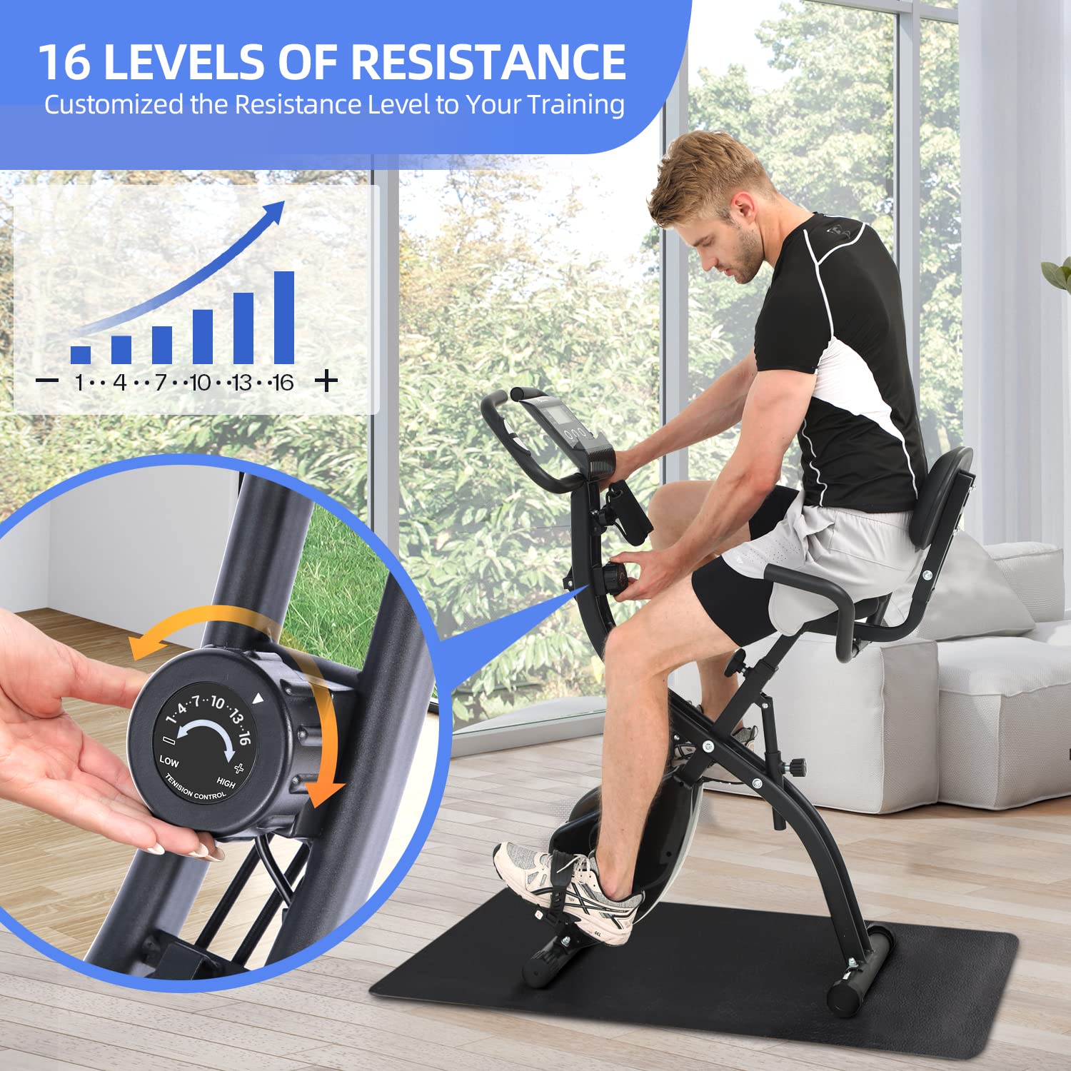 Foldable Exercise Bike for Home Gym - Sportneer 4-in-1 Indoor Cycling Bike with 16-Level Magnetic Resistance, Arm Resistance Bands & PVC Floor Mat | Perfect for Cardio, Strength Training & Small Space Workouts