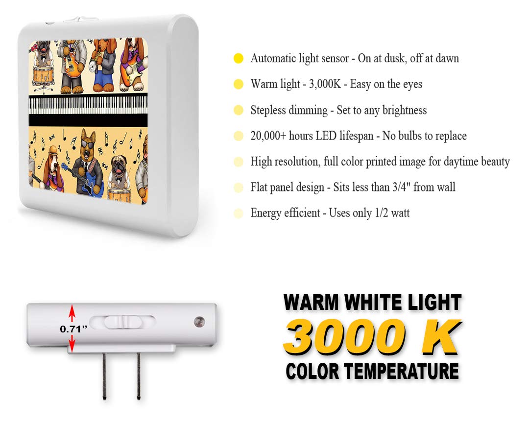 Dimmable LED Night Light with Auto On/Off Sensor - Adjustable Brightness Warm White Plug-In Nightlight for Bathroom, Hallway, Nursery & Bedroom - Perfect for Kids' Rooms, Stairways & Dark Corners - Musical Dogs Design by Dan Morris