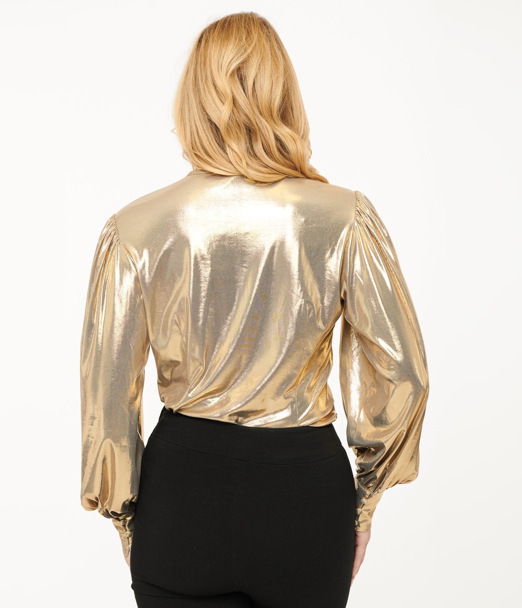 Vintage 1950s Metallic Gold Gwen Blouse - Retro Women's Top for Parties, Cosplay & Pinup Fashion | Unique 50s Style Shirt for Halloween, Themed Events & Vintage Lovers