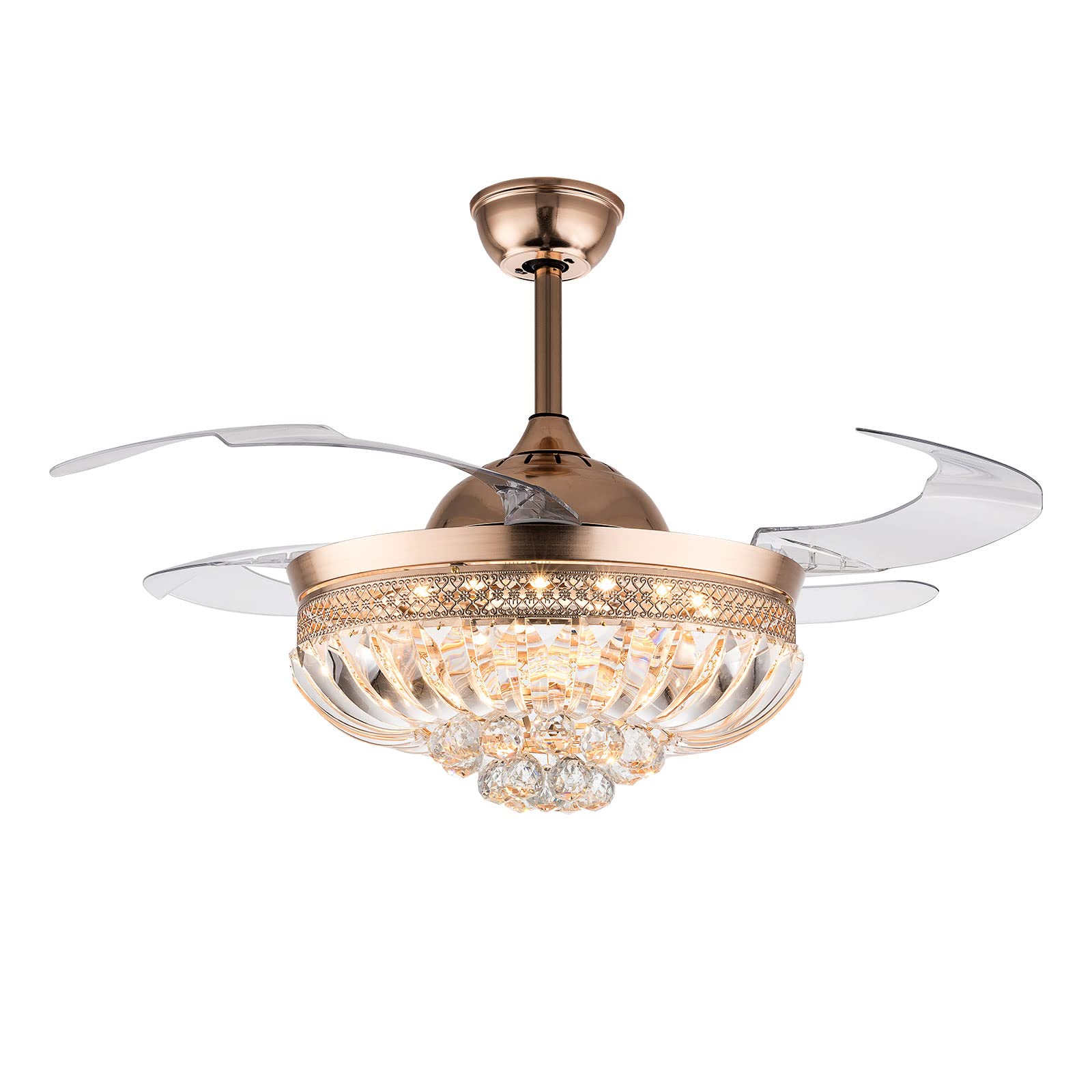 TFCFL 42 Inch Retractable Crystal Ceiling Fan with LED Light - 3 Speed Adjustable, Remote Control, Silent Modern Chandelier Fan for Bedroom, Living Room, Dining Room & Office