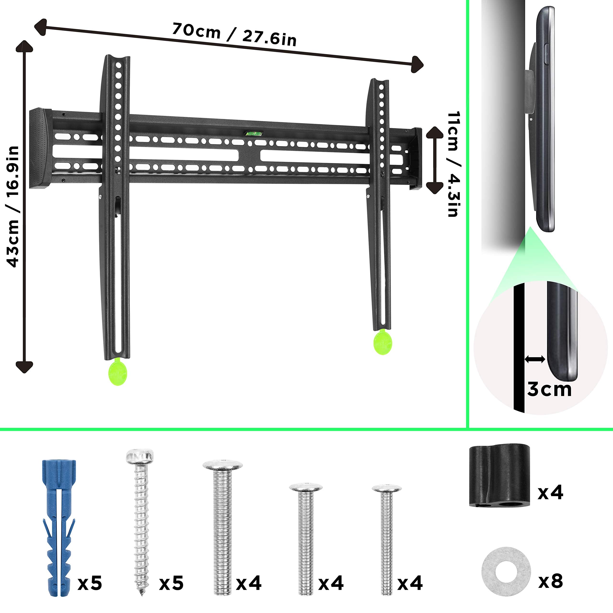 Duronic TVB121M Ultra Slim TV Wall Mount Bracket for 37-65 Inch Flat Screen TVs | Low 3cm Profile | VESA 600x400mm | Supports Up to 50kg | Perfect for Living Room, Bedroom & Home Theater Installation
