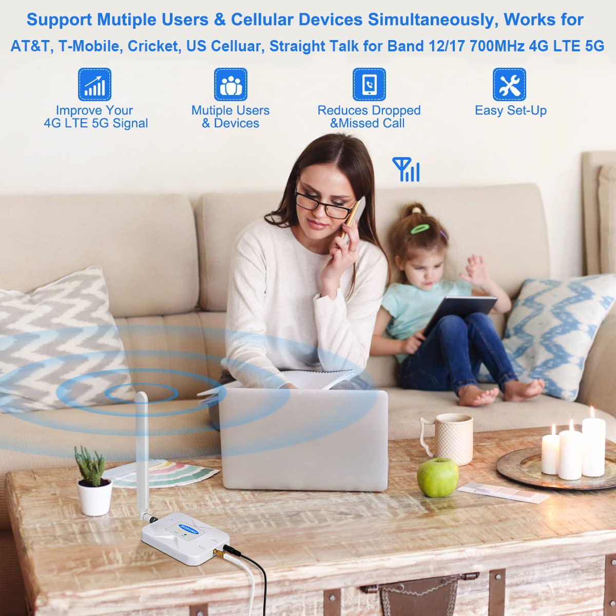 AT&T 5G/4G LTE Cell Phone Signal Booster for Home - Compatible with T-Mobile, Supports Band 12/17 - Improve Weak Reception for Home & Office Use