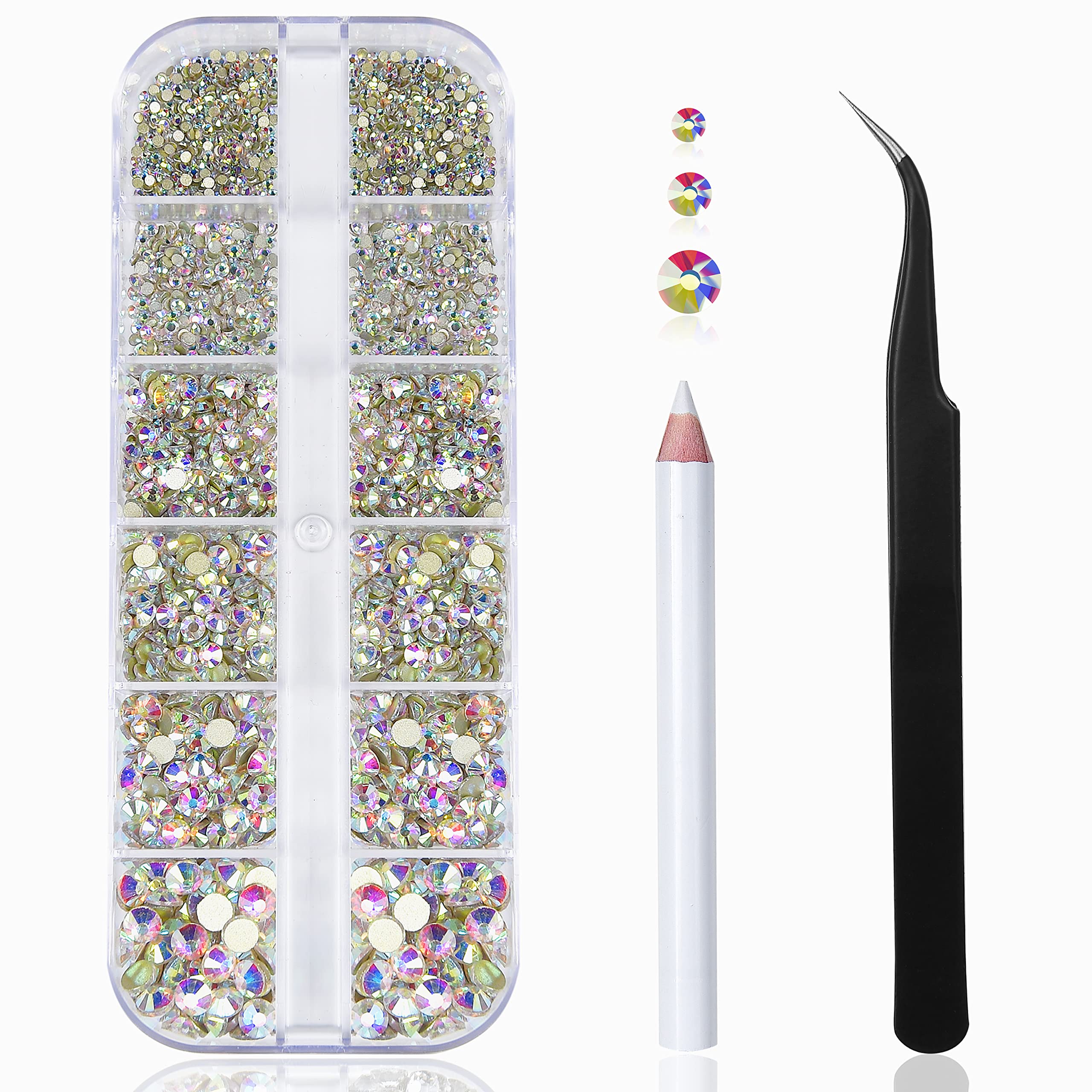 2400Pcs Flat Back Rhinestones - 6 Sizes (1.9-4.5mm) Crystal AB Gems with Storage Box, Wax Pencil & Tweezers for Nail Art, Clothing, Shoes, Bags & DIY Crafts - Perfect for Jewelry Making, Home Decor & Gift Packaging