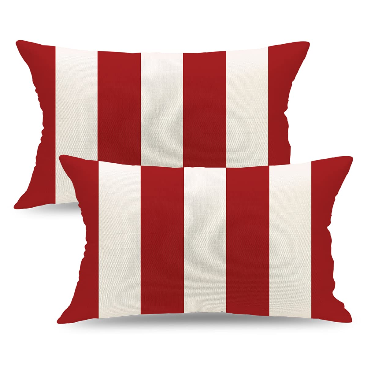 Set of 2 Red and White Striped Linen Throw Pillow Covers 12x20 Inch - Modern Farmhouse Decorative Square Cushion Cases for Sofa, Couch, Bed, Car & Living Room - Perfect for Home Decor, Cozy Reading Nook and Seasonal Styling