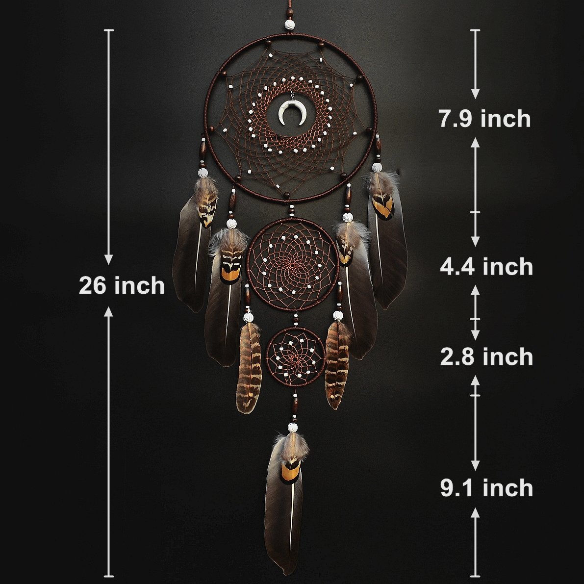 Urdeoms Large Boho Dream Catchers for Bedroom Wall Decor - Brown Handmade Native American Style with Turquoise Beads & Feathers Hanging Ornament - Perfect for Teen Dorm Room, Festival Gift, Meditation Space & Nursery Decor (NO.9)