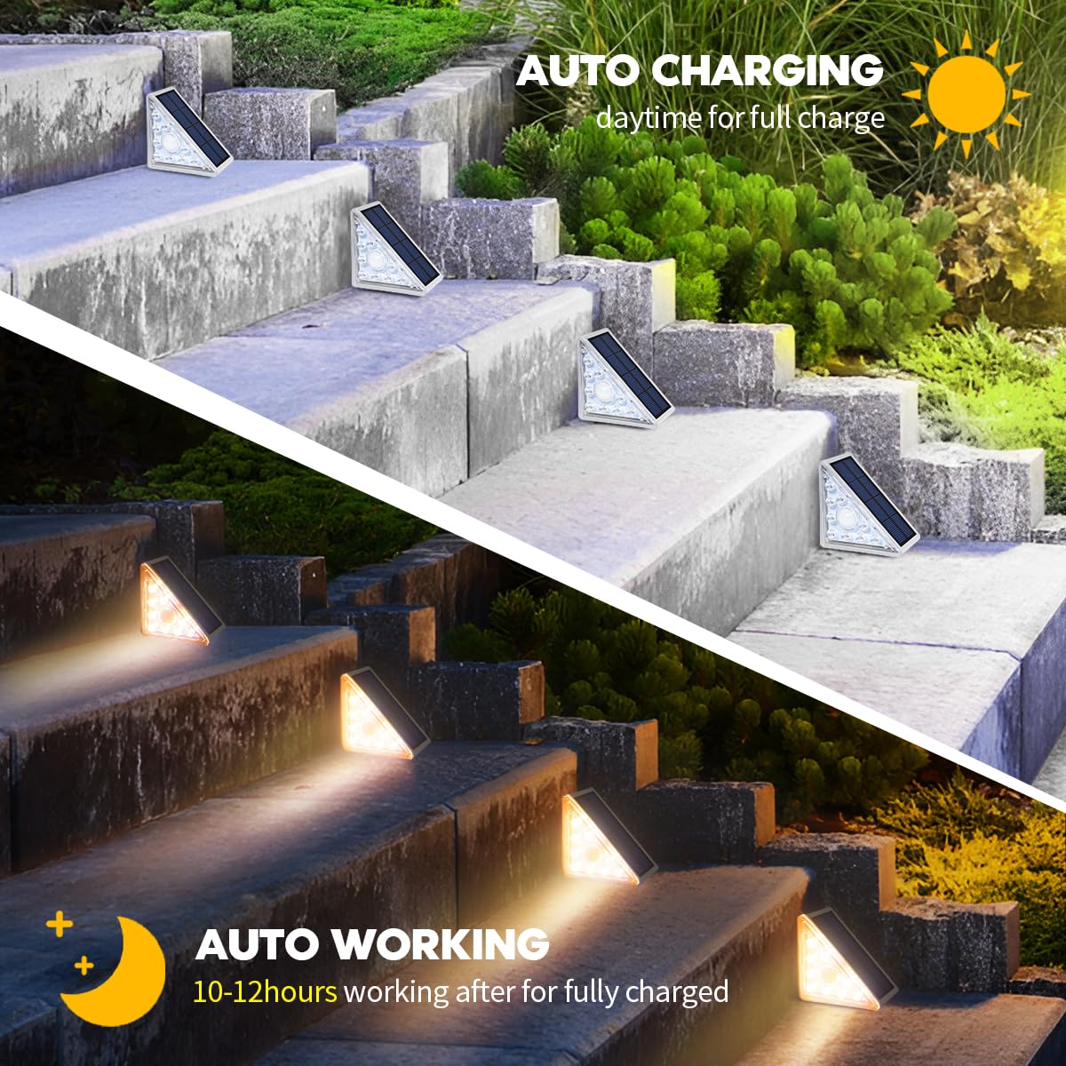 6 Pack Solar Motion Sensor Step Lights - IP67 Waterproof LED Stair Lights with Dusk to Dawn Sensor | Warm White Outdoor Lighting for Garden, Patio, Deck & Yard Pathways | Perfect for Nighttime Safety & Landscape Accent