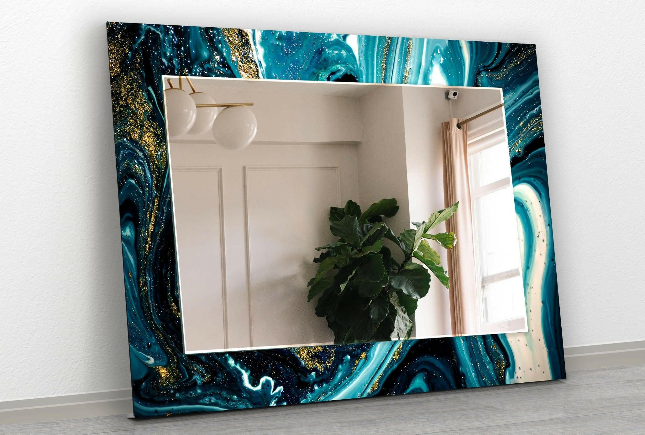 Blue and Gold Marble Wall Mirrors - Elegant Home Decor for Living Room, Bedroom, Bathroom & Entryway | Stylish Round Mirror with Metallic Frame for Modern Interior Design