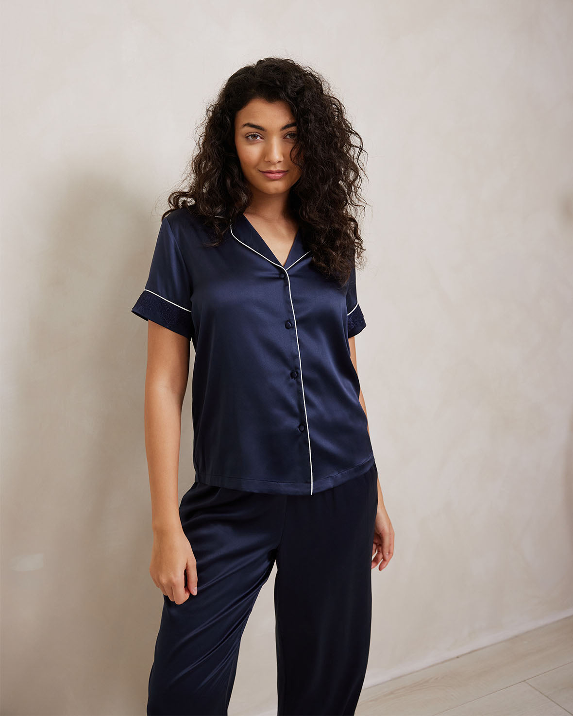 Satin Lace Trim Short Sleeve Long Pajama Set for Women - Soft & Comfortable Sleepwear - Navy Blue - Perfect for Nightwear, Lounging & Relaxation at Home