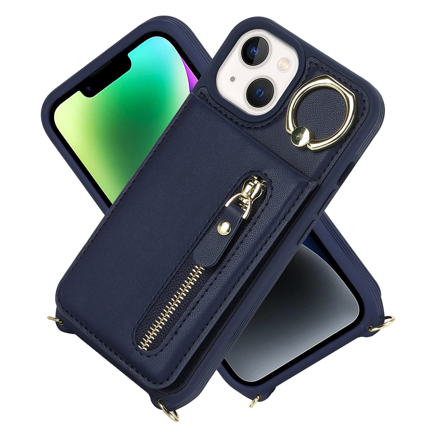 Premium Shockproof iPhone 14 Case with Card Holder & Crossbody Strap - Wallet Phone Case with Kickstand & Zipper for Women (Blue) | Perfect for Travel, Shopping & Everyday Use