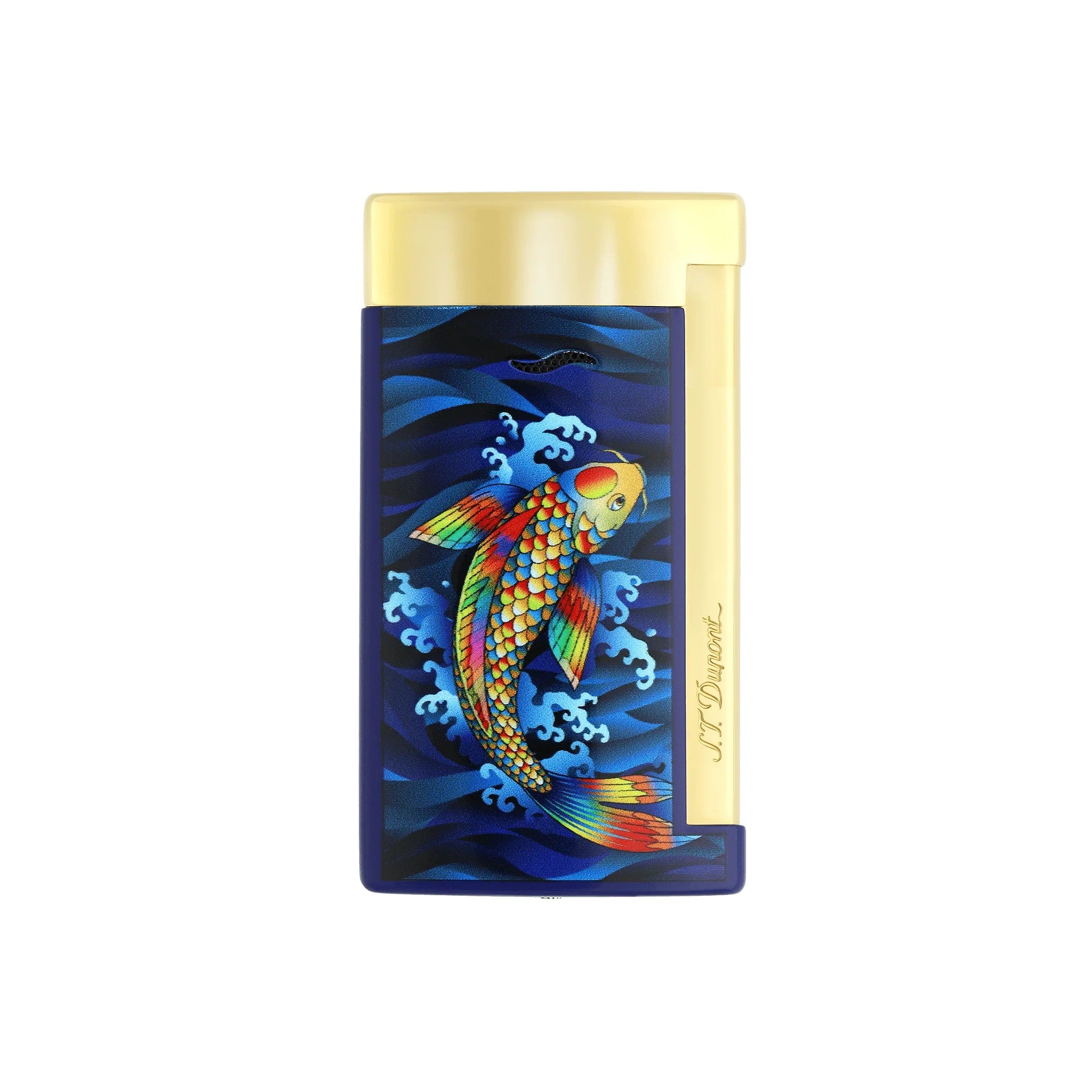 S.T. Dupont Slim 7 Koi Fish Gold Plated Luxury Lighter - Premium Windproof Butane Flame for Cigars, Candles & Outdoor Use