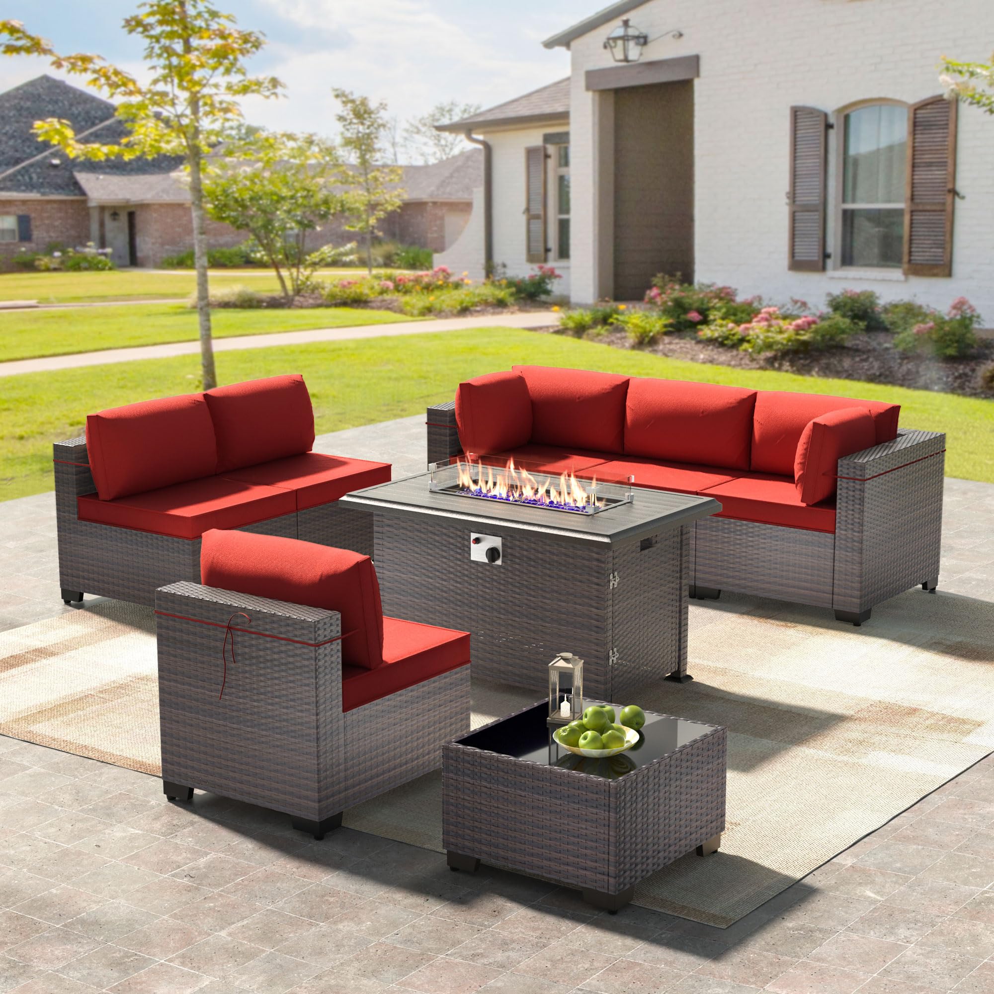 8-Piece Outdoor Patio Furniture Set with 55000 BTU Propane Fire Pit Table - PE Wicker Rattan Sofa Conversation Set & Sectional Furniture with Tempered Glass Top - Perfect for Backyard, Garden, Poolside & Outdoor Entertaining (Red)