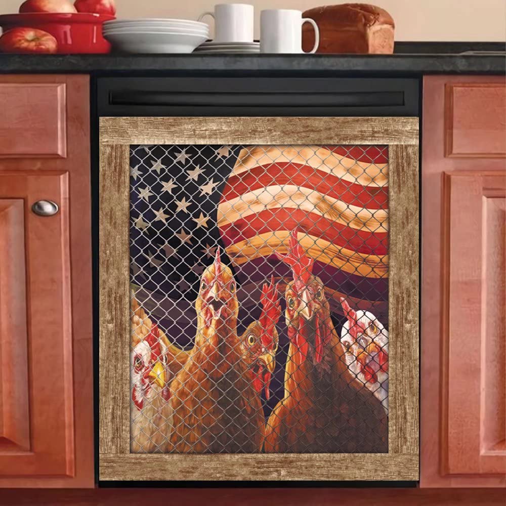 Farmhouse Rooster Dishwasher Cover - Country Chicken Kitchen Decor, American Flag Refrigerator Magnet Decal 23
