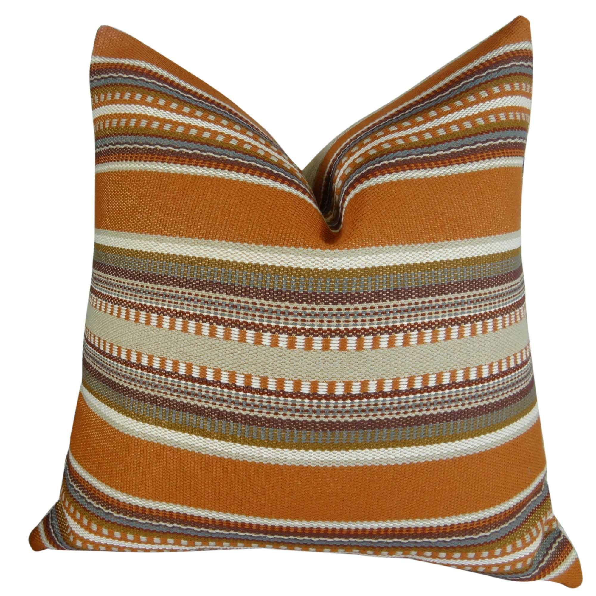 Plutus Chic Stripe Saffron Handmade Throw Pillow 20x26 Inches - Orange Olive Cream Cotton Decorative Cushion for Sofa, Bed & Living Room Decor