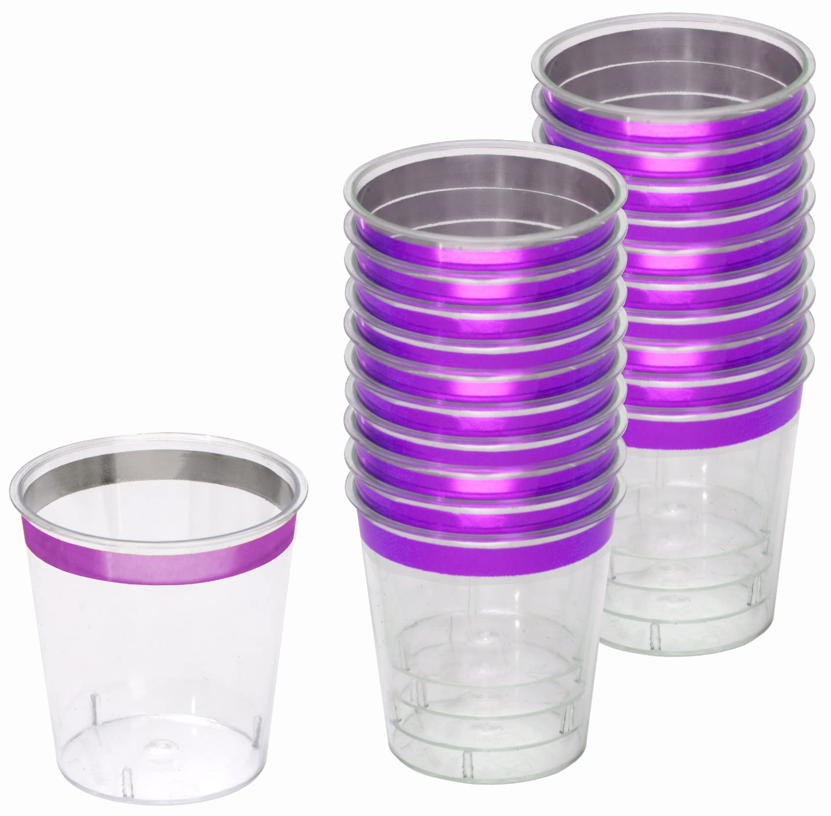 Zappy 124 Mini Plastic Shot Glasses - 1 oz Clear Disposable Party Cups with Purple Metallic Rim - Perfect for Shooter Drinks, Wine Tasting, and Cocktail Sampling - Ideal for Bars, Parties, and Events