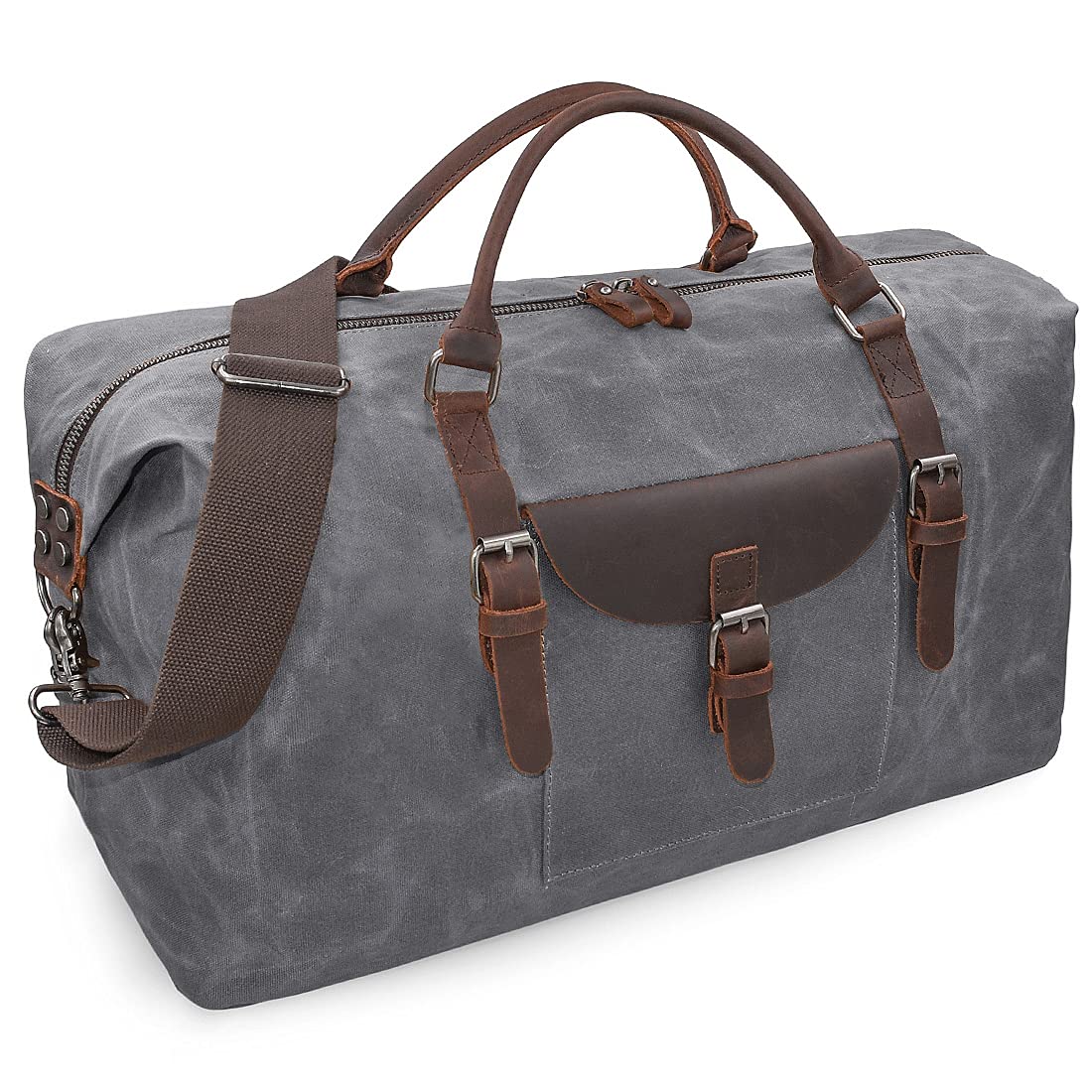 **Large Waterproof Travel Duffel Bag - Genuine Leather Weekender Overnight Carry-On Bag for Men & Women - Perfect for Gym, Weekend Trips & Air Travel (Grey)**