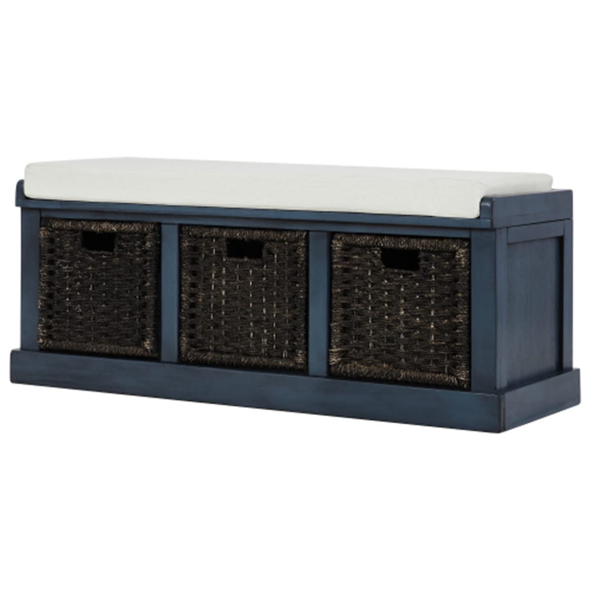 Wooden Storage Bench with 3 Rattan Baskets & Removable Cushion - Antique Navy Entryway Bench for Hallway, Bedroom, or Living Room Organization