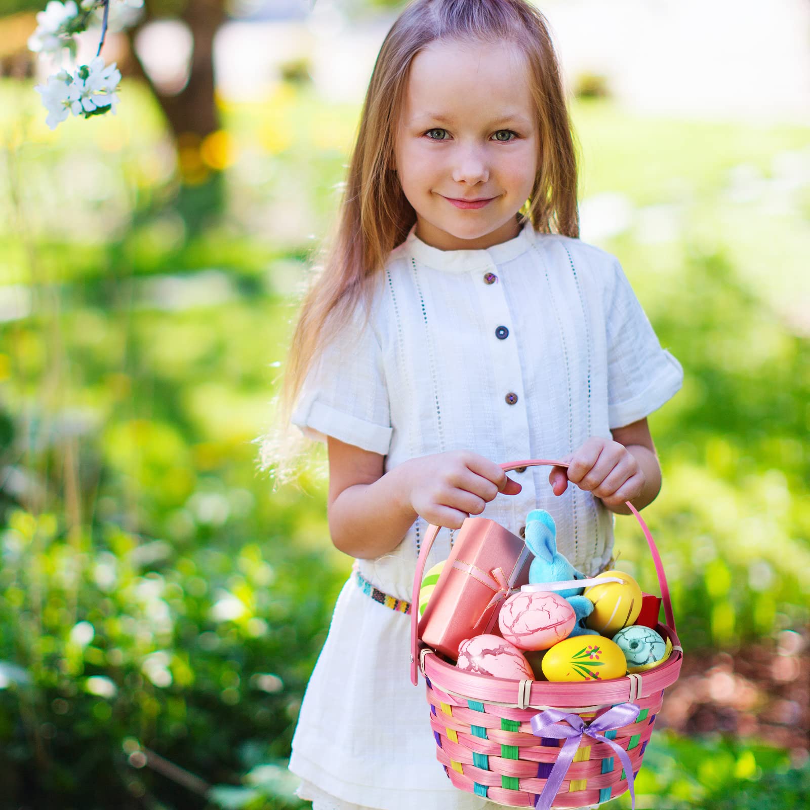 Yulejo Easter Woven Bamboo Basket Set - 8 Piece Round Small Baskets with Handles for Easter Egg Hunt, Picnic Party Supplies, Birthday Decorations - Perfect for Spring Celebrations, Home Decor and Gift Giving