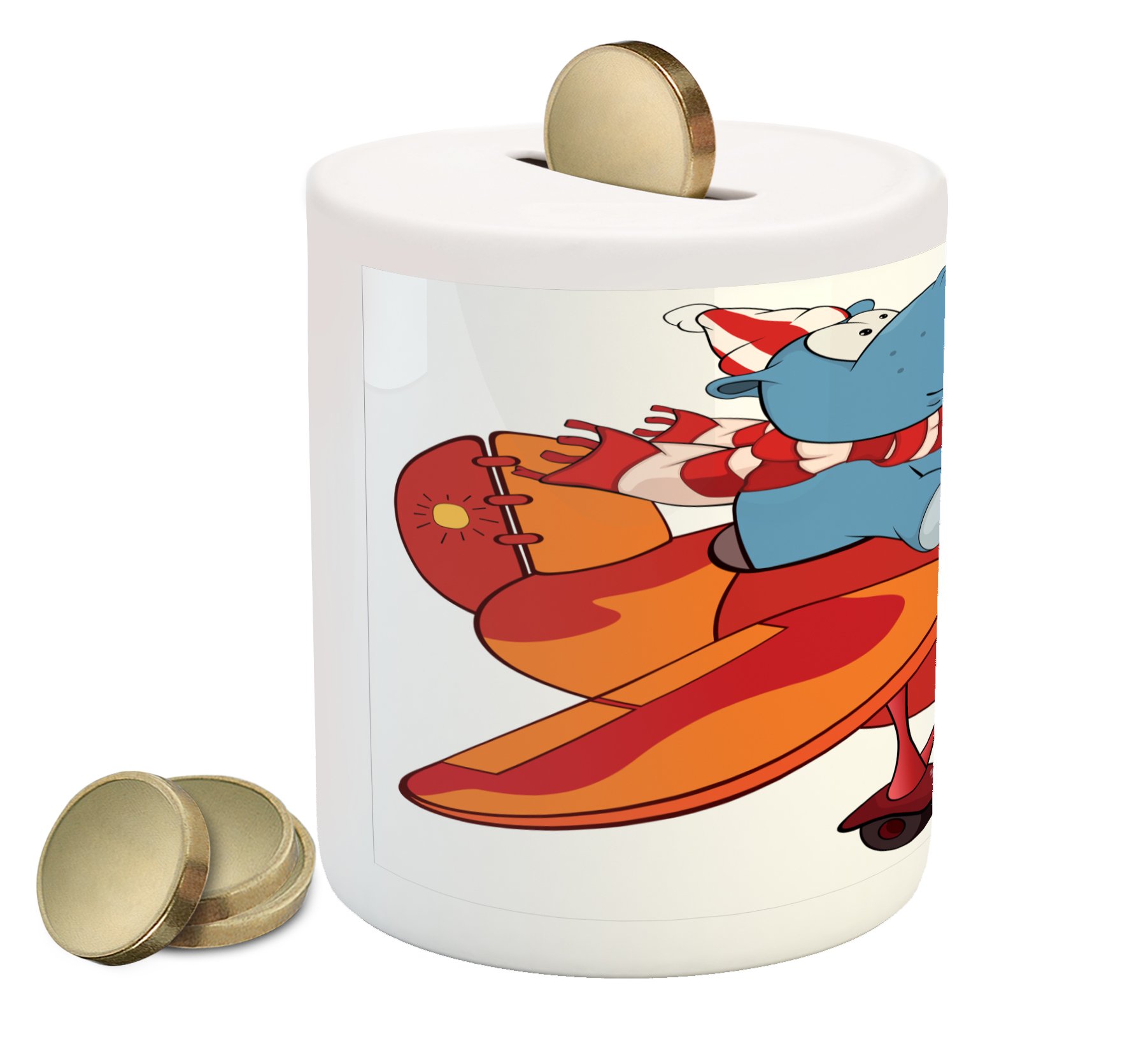 Lunarable Ceramic Airplane Piggy Bank - Hippopotamus & Plane Travel Design, Vintage Vehicle Coin Bank for Cash Savings (3.6
