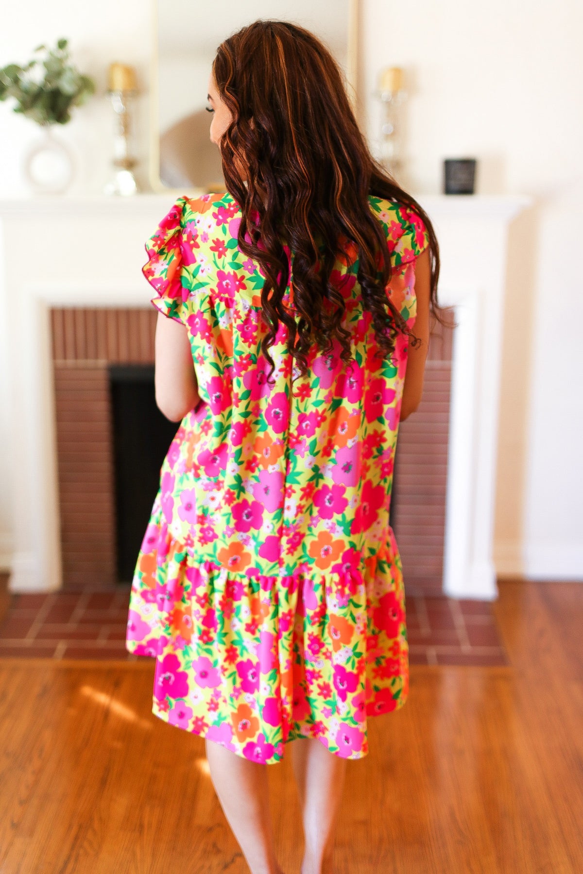 Be Charming Lime & Pink Floral Print Tiered Ruffle Sleeve Dress - Women's Summer Party Dress for Weddings, Garden Parties & Date Nights