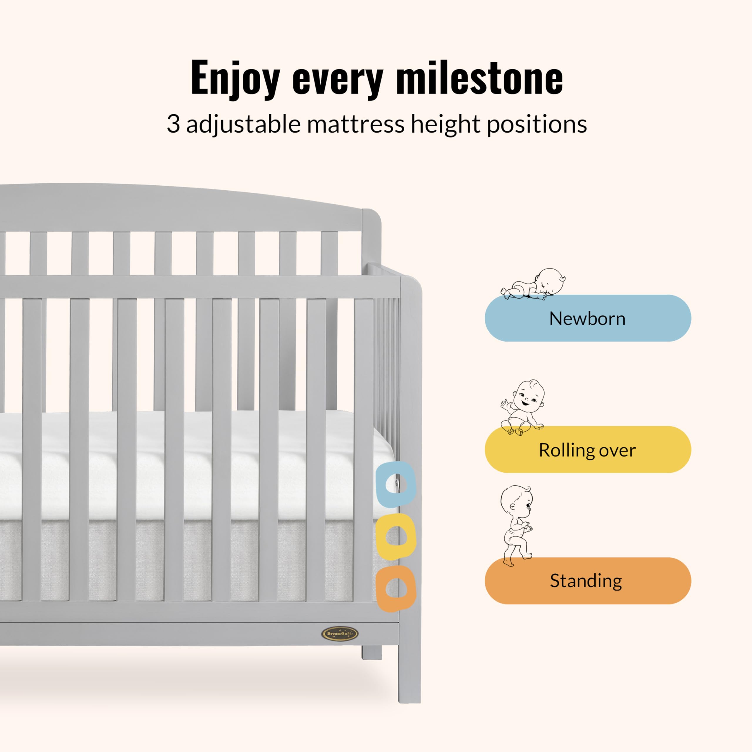 Dream On Me JPMA & Greenguard Gold Certified Odelle 5-in-1 Convertible Crib in Pebble Grey - Sustainable Pinewood Construction, 3 Adjustable Mattress Heights, Non-Toxic Water-Based Finish | Nursery Essential for Newborn to Toddler Bed Conversion