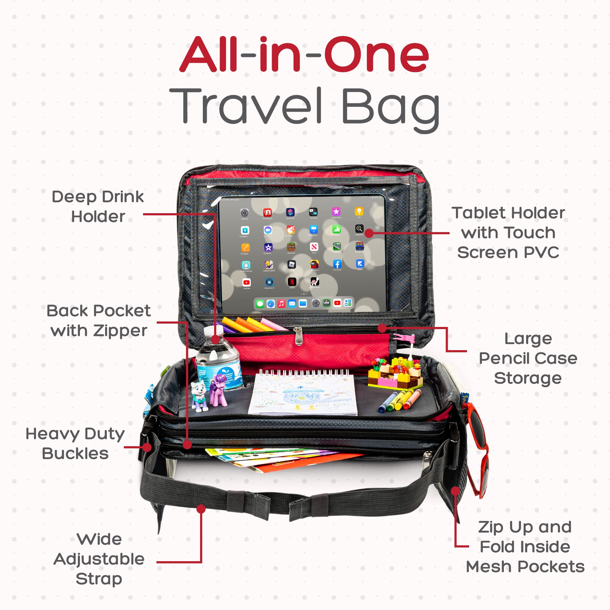 BE Family Travel Kids Car Seat Travel Tray - Portable Snack & Activity Tray for Toddlers | Red Multi-Purpose Car Accessories | Perfect for Road Trips, Snack Time & Playtime in the Car