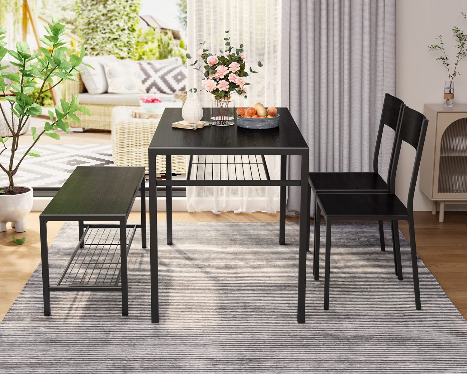 Gizoon 4-Piece Dining Table Set with Bench - Kitchen Table and 2 Chairs for 4 - Space Saving Small Apartment Furniture for Breakfast Nook, Tiny Homes & Compact Living Spaces