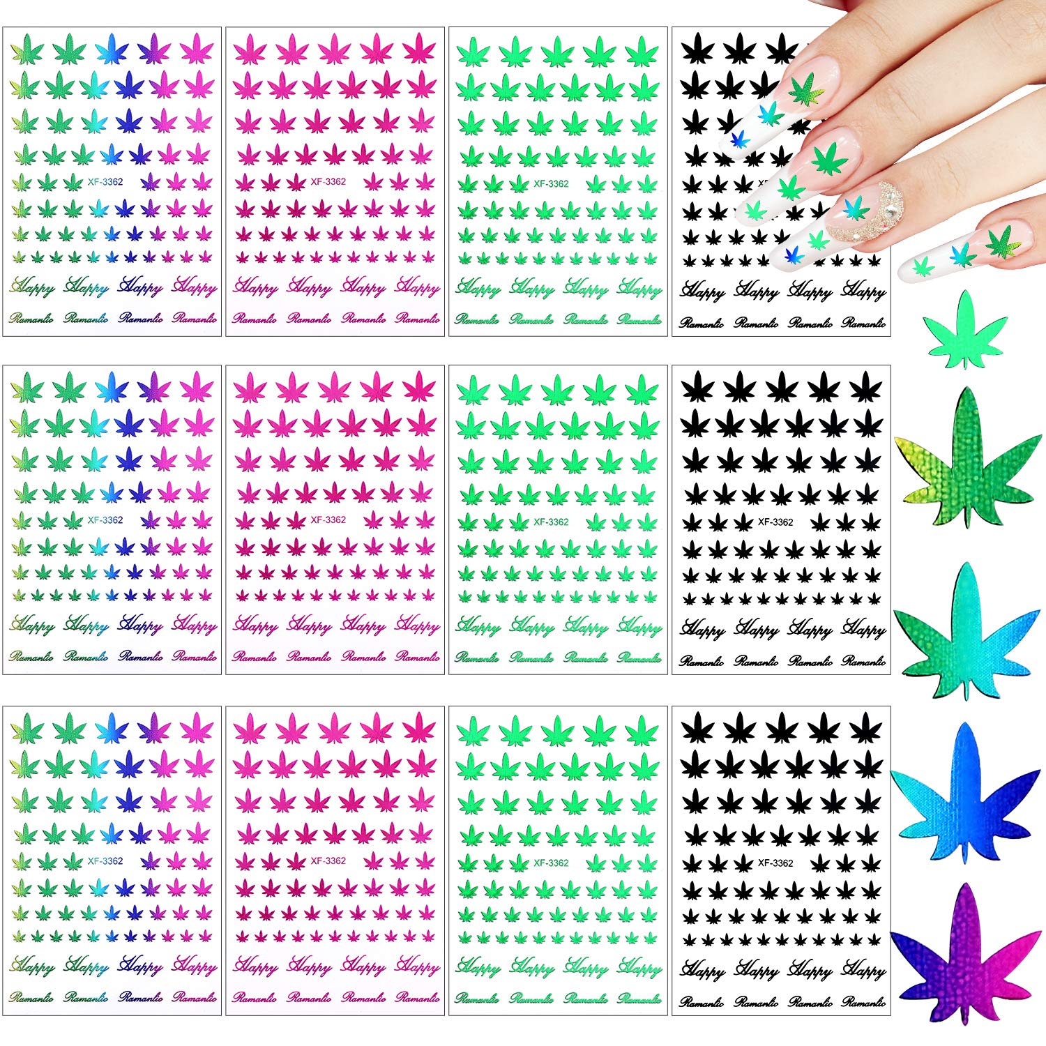 12 Sheets Pot Leaves Nail Stickers - Colorful Self-Adhesive Leaf Nail Decals for Women | Perfect for Fall Nail Art, Halloween Manicures & Nature-Inspired Nail Designs