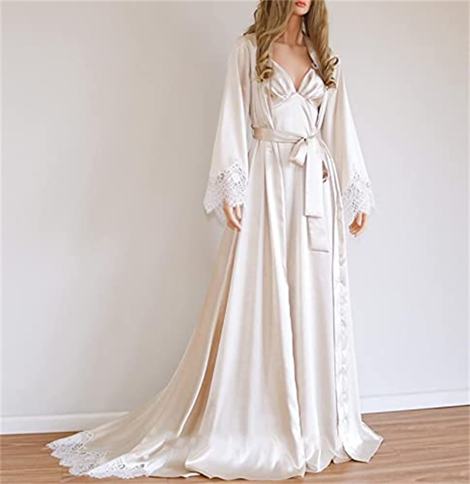 Sexy Satin Long Kimono Robe & Lace Pajama Set for Women - 2 Piece Sleepwear Nightgown for Bridal Party, Honeymoon & Boudoir Photography | Plus Size Available