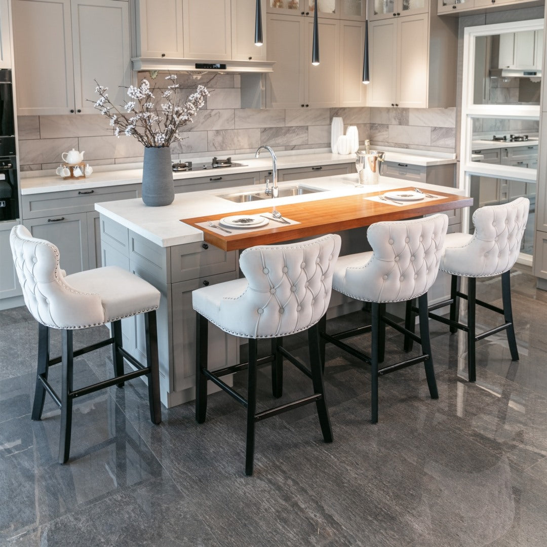 Velvet Upholstered Button Tufted Bar Stools with Wood Legs and Studs - Set of 2 Beige Counter Height Stools for Kitchen Island, Breakfast Bar or Home Decor