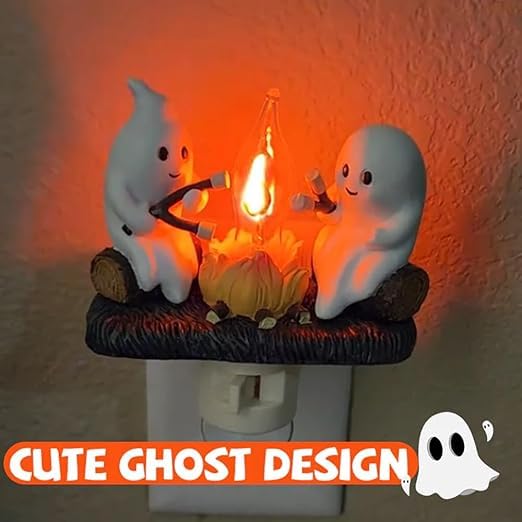Spooky Halloween Ghost Night Light - Flickering LED Campfire Lamp with Dusk to Dawn Sensor, 0.5W Plug-in Wall Decor for Bedroom, Nursery & Halloween Party Decorations | Perfect for Kids' Rooms, Halloween Displays & Cozy Nighttime Ambiance