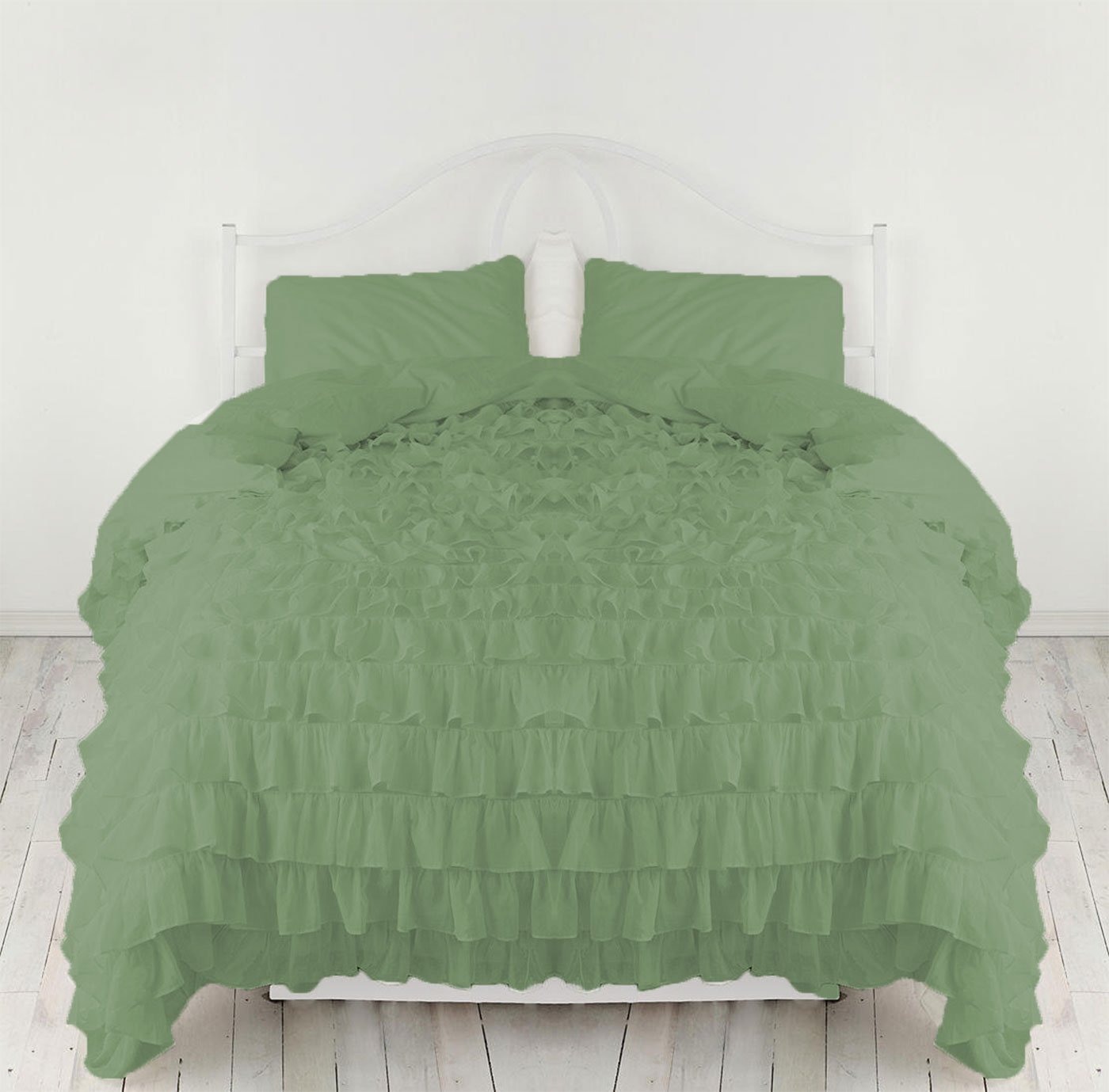 Luxurious 5-Piece Ruffle Duvet Cover Set with Extra Pillow Sham - 100% Egyptian Cotton 500 Thread Count Queen Size Bedding - Moss Green - Perfect for Master Bedroom, Guest Room & Luxury Hotel Decor