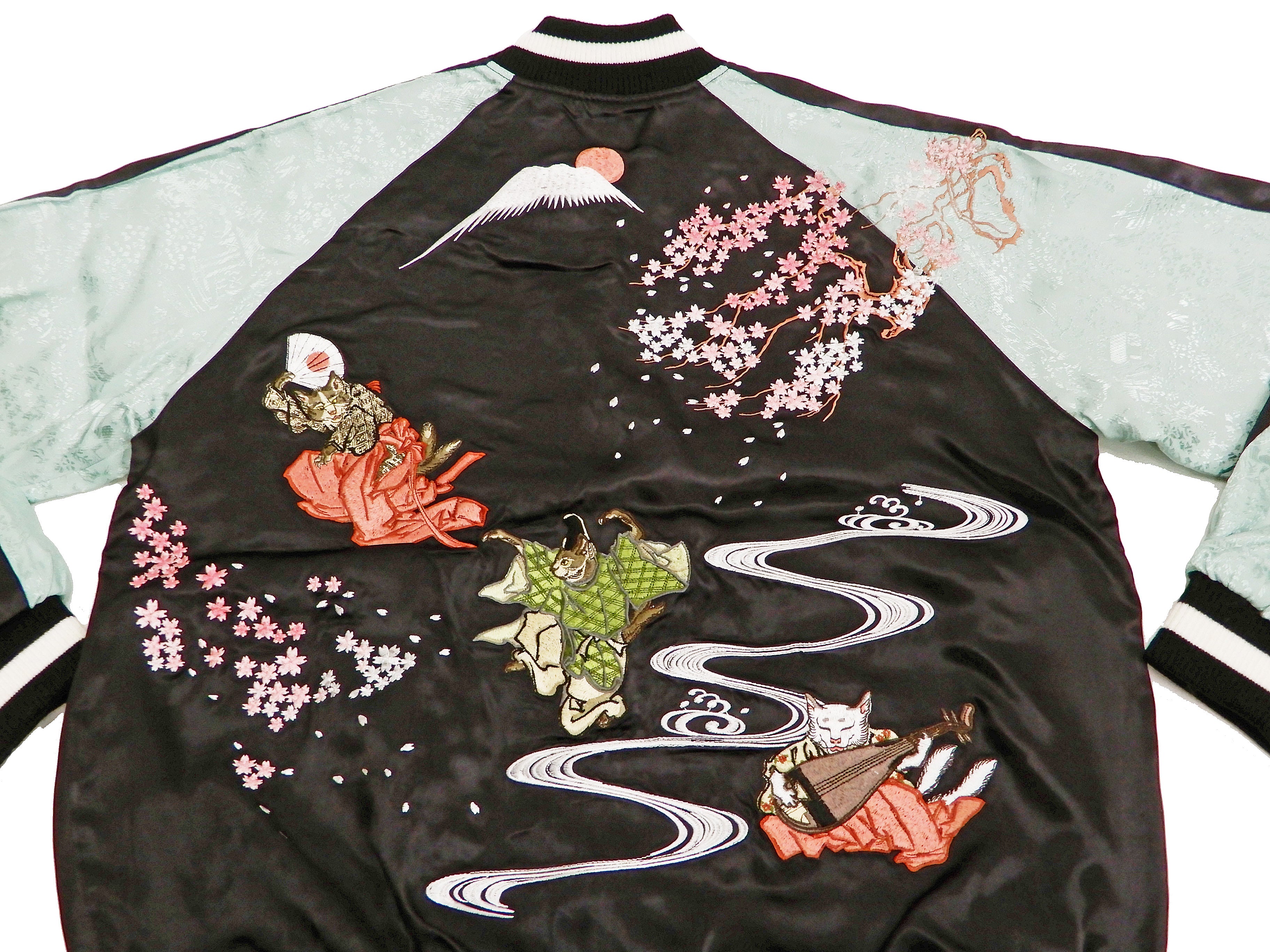 Hanatabi Gakudan Men's Japanese Souvenir Jacket with Cat Art - Vintage Sukajan SSJ 703 - Perfect for Streetwear & Anime Cosplay