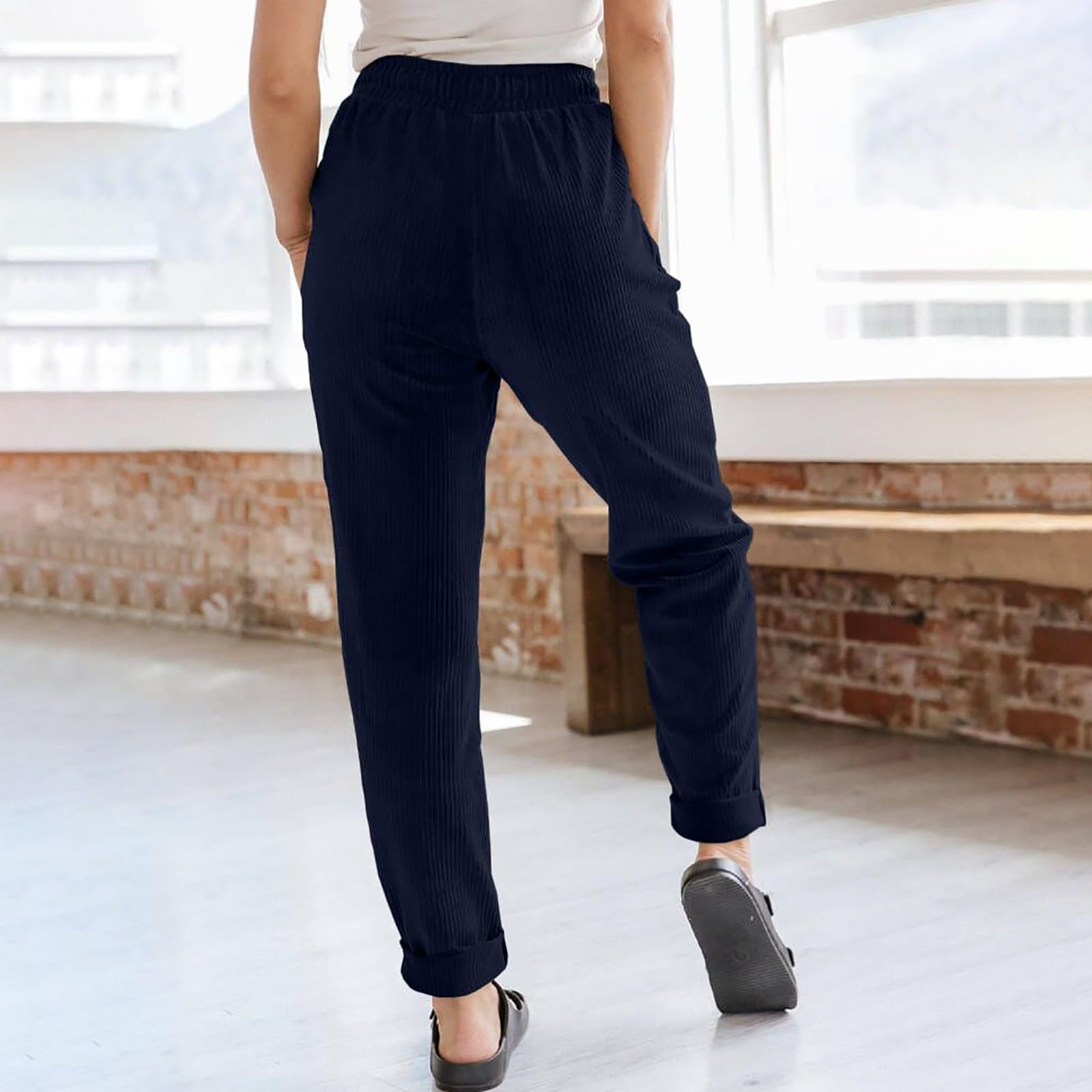 Women's High Waisted Corduroy Pants - Straight Leg Pull On Dress Pants with Pockets | Comfortable Business Casual Work Pants for Office, Travel & Everyday Wear