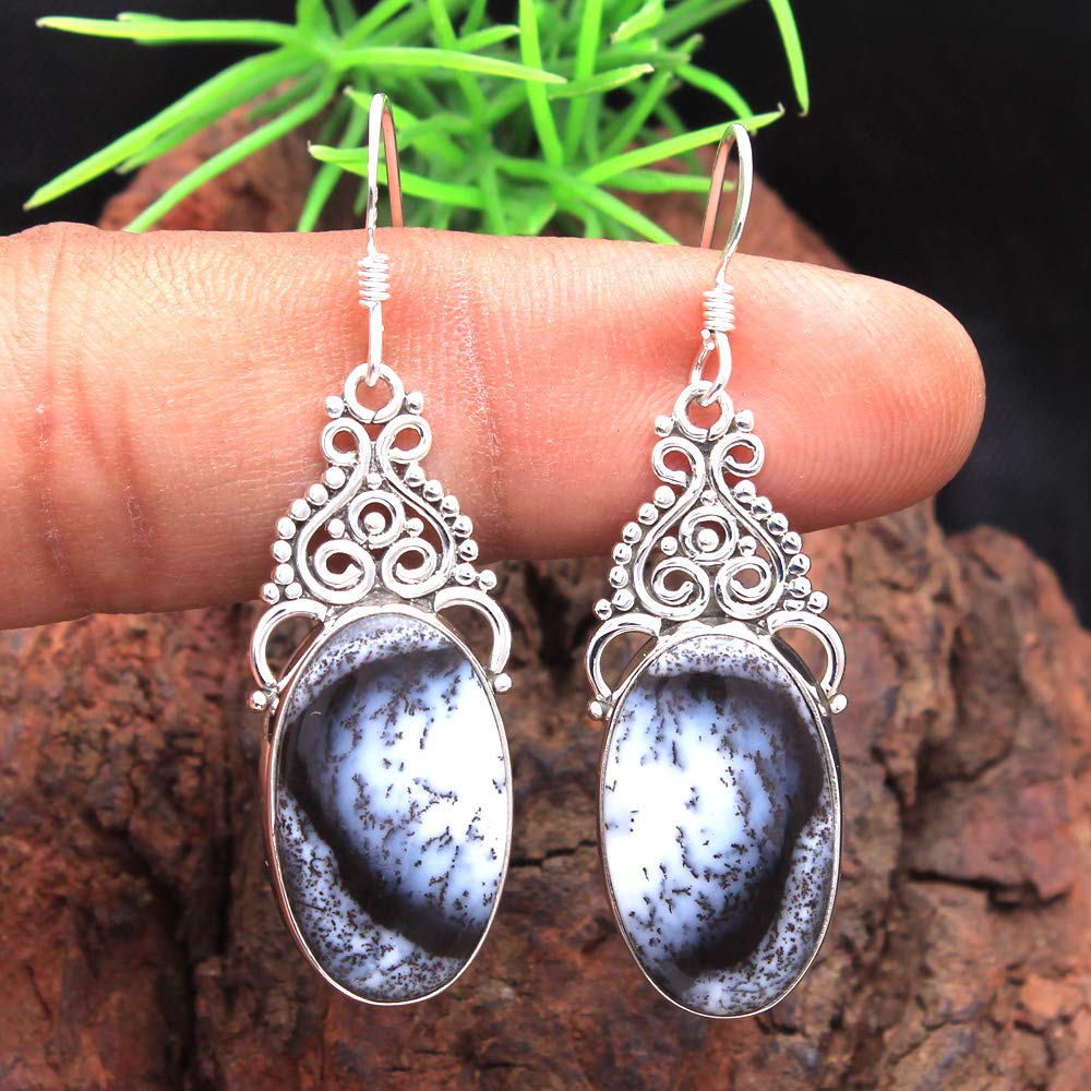 Dendrite Opal Gemstone Drop & Dangle Earrings - 925 Sterling Silver Vintage Jewelry for Women | Elegant Antique Style Earrings for Parties, Weddings & Special Occasions