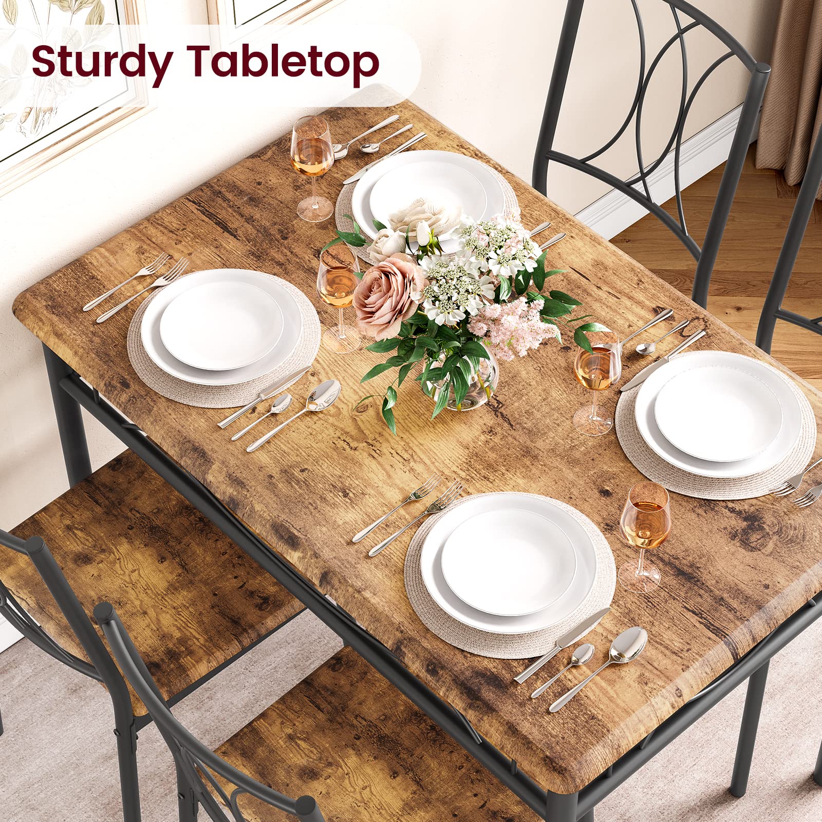 CABIHOME 4-Piece Retro Brown Dining Table Set with 4 Chairs - Compact Rectangular Kitchen Table for Small Spaces, Apartments & Dining Rooms | Perfect for Breakfast Nooks, Cozy Meals & Entertaining Guests