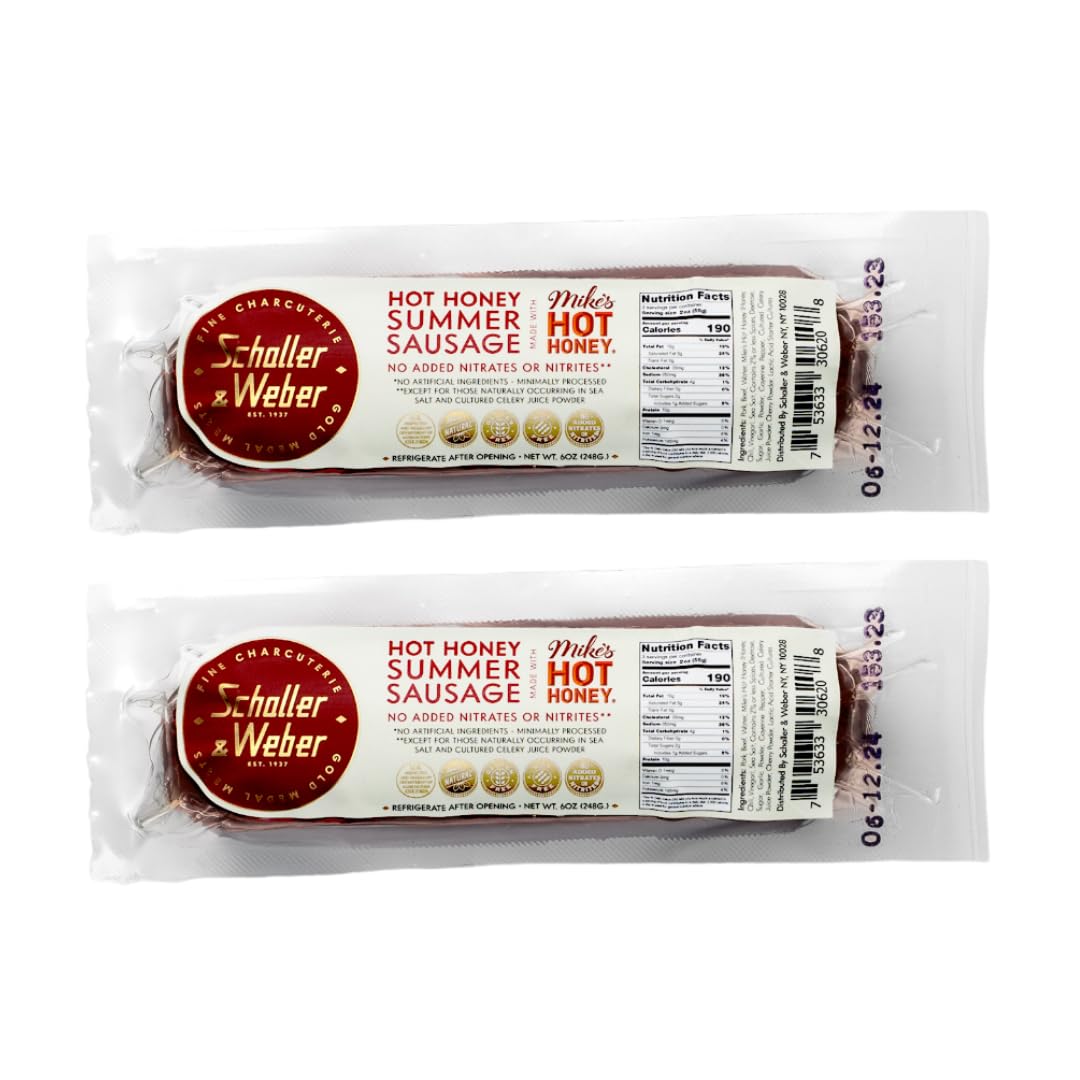 Schaller & Weber Mikes Hot Honey Summer Sausage - Gluten Free, Ready to Eat, 100% Natural Meat Snack - 6 Ounce (Pack of 2) - Perfect for Picnics, Camping & On-the-Go Snacking