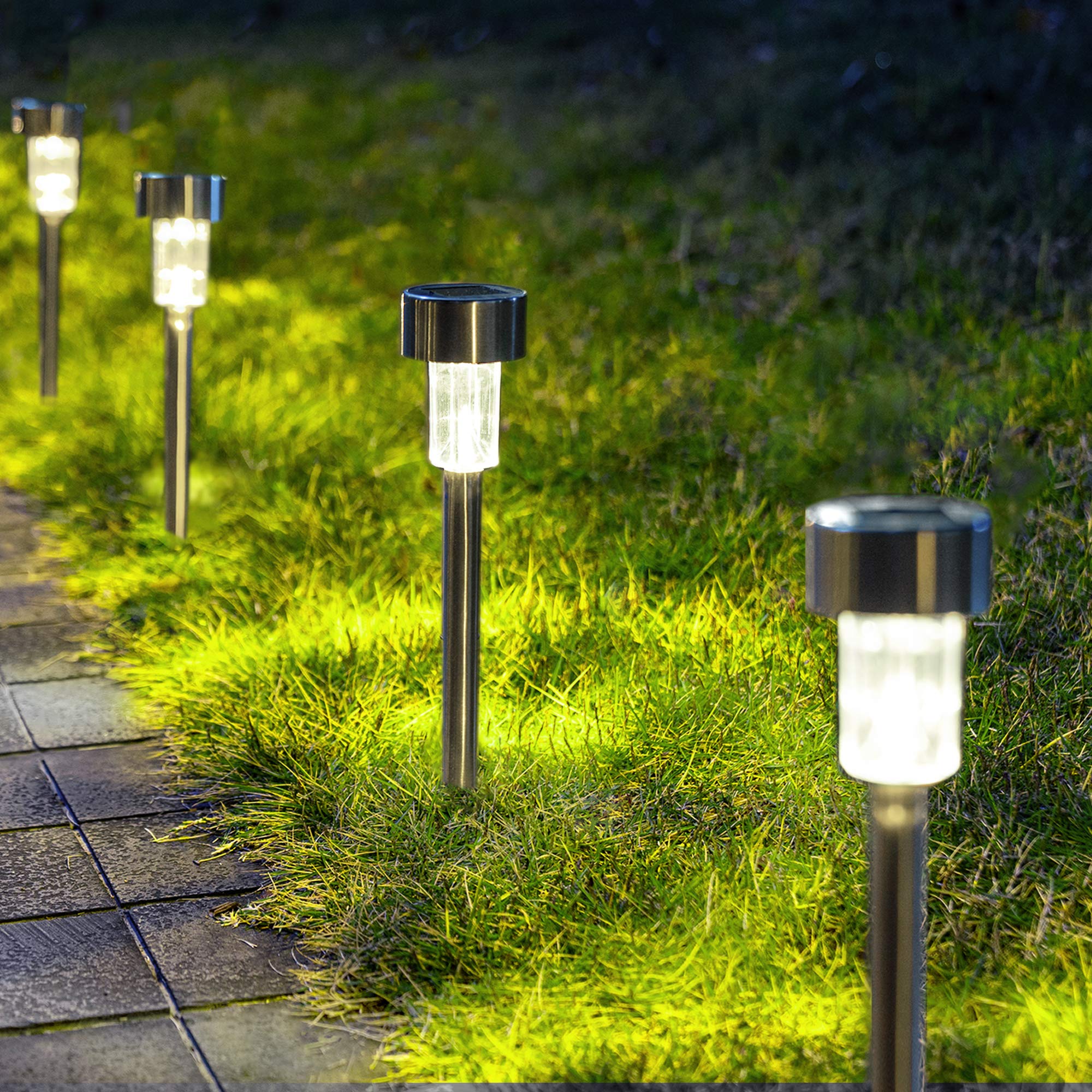 GIGALUMI 12 Pack Solar Pathway Lights - Stainless Steel IP44 Waterproof Outdoor Solar LED Landscape Lights for Garden, Yard, Patio, Walkway - Auto On/Off - Cold White - Perfect for Driveway Lighting & Backyard Decor