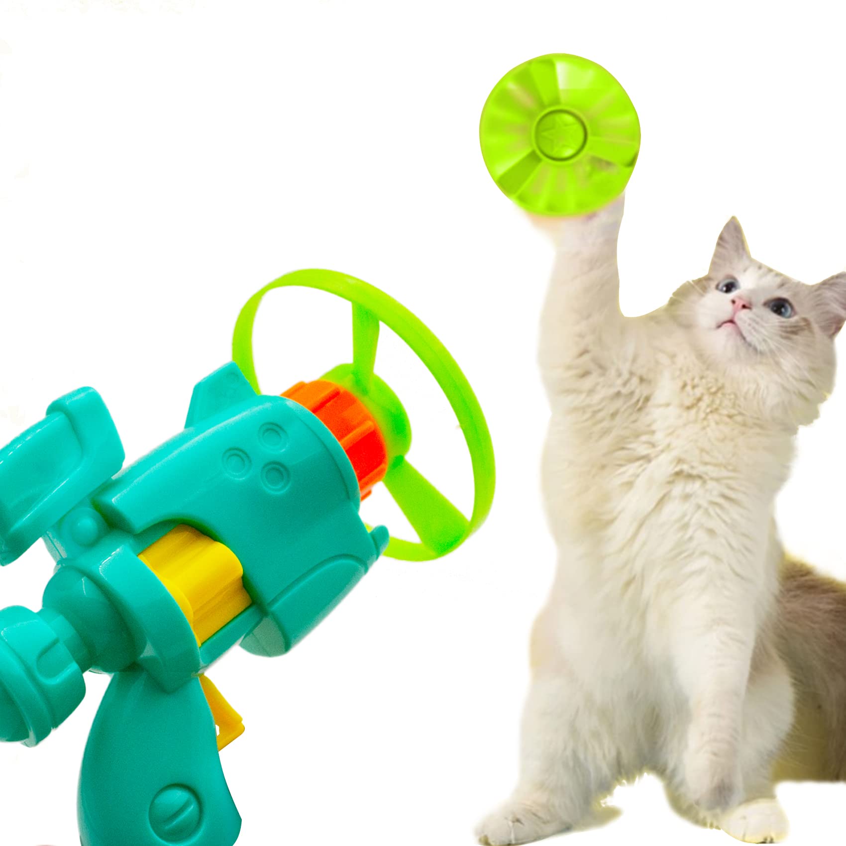 Interactive Cat Fetch Toy Gun with 6 Flying & 2 Glow-in-the-Dark Propellers - Fun Exercise Toy for Indoor Cats to Prevent Obesity & Encourage Play - Perfect for Training, Chasing & Bonding with Your Pet (Blue, 4.7