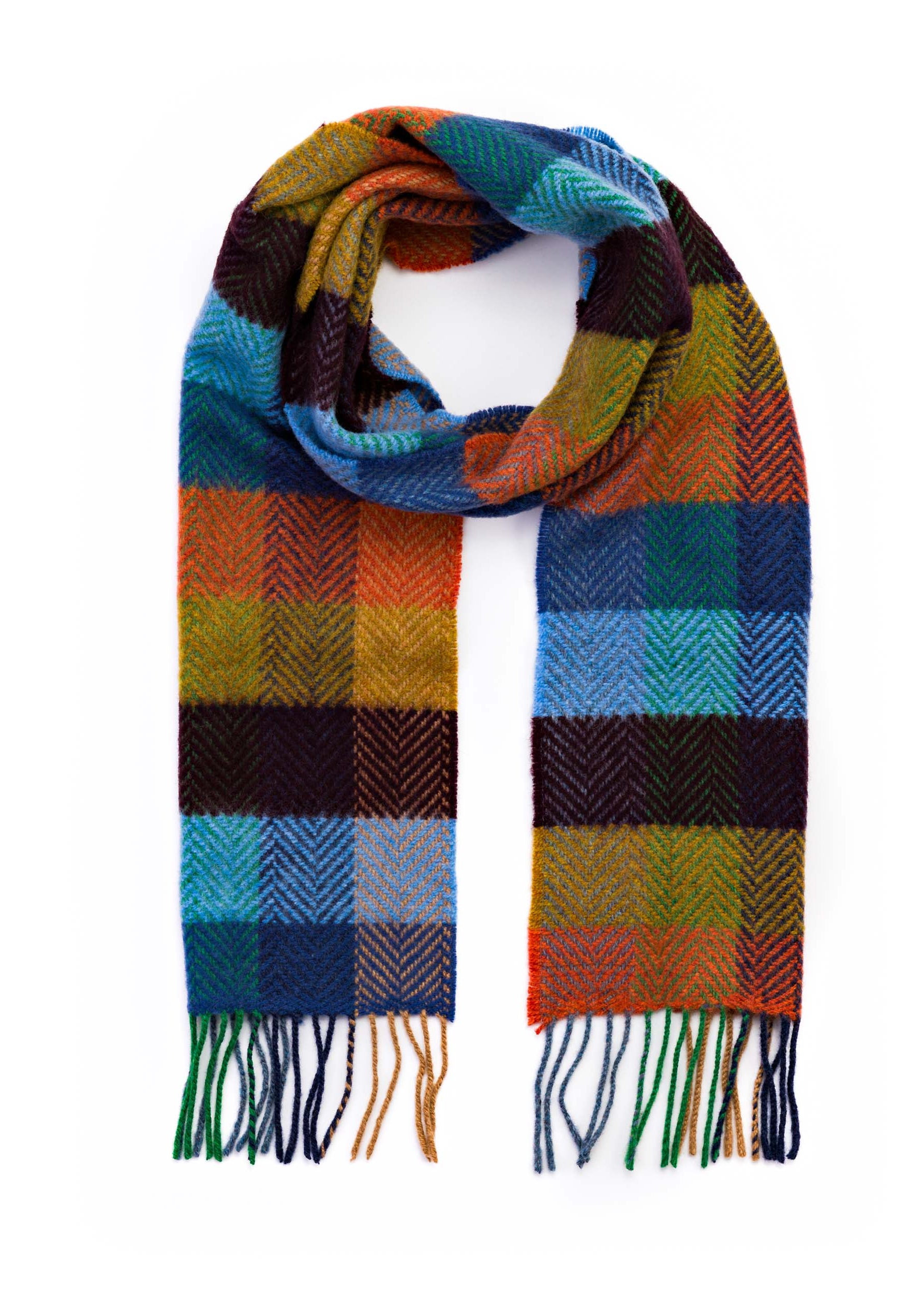 Luxury Cashmere Merino Wool Scarf - Soft Winter Wrap for Women & Men | Mustard Orange Blue Herringbone Pattern | Perfect for Cold Weather, Office & Outdoor Activities