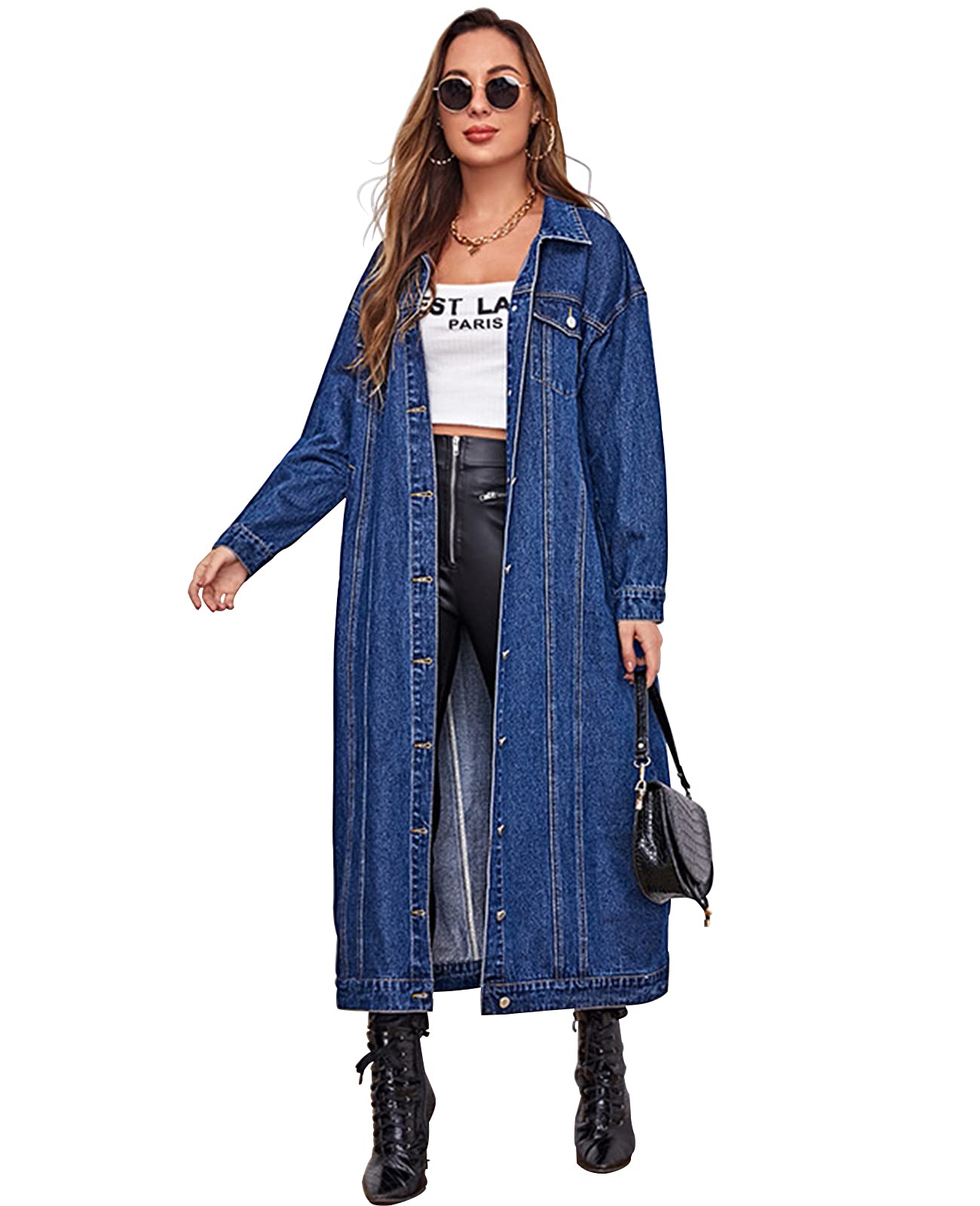 ZENTHACE Women's Classic Midi Long Denim Jacket - Stylish Spring & Autumn Trench Coat with Knee-Length Design | Perfect for Casual Outings, Layering & Fashionable Streetwear