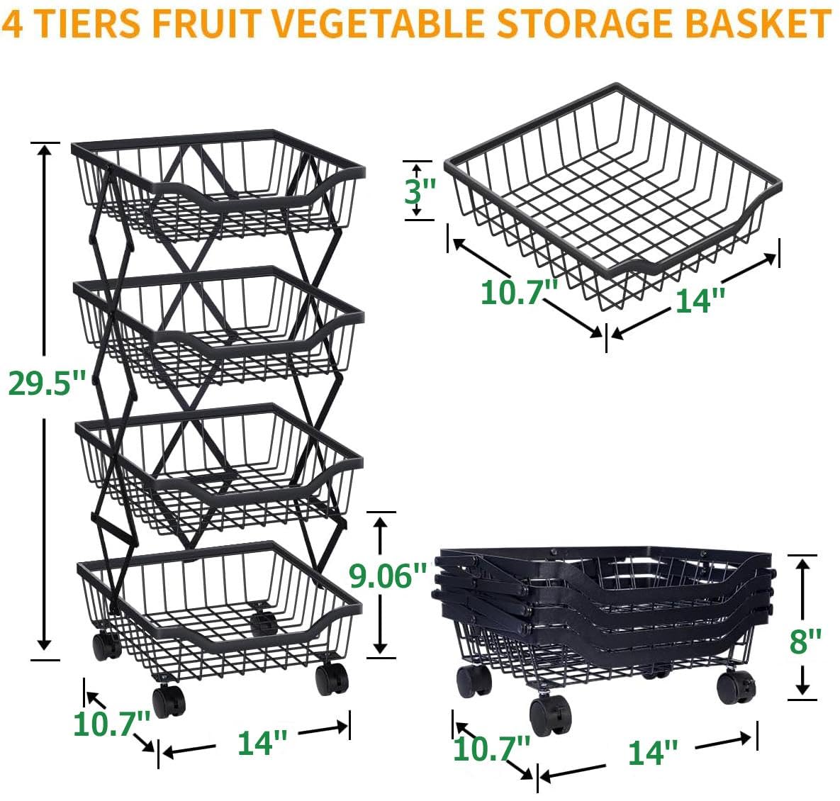 4-Tier Stackable Metal Wire Fruit & Vegetable Storage Basket with Wheels - Kitchen, Living Room, Dining Room, Office Organizer Cart (Black) | Perfect for Fresh Produce Display & Space-Saving Storage