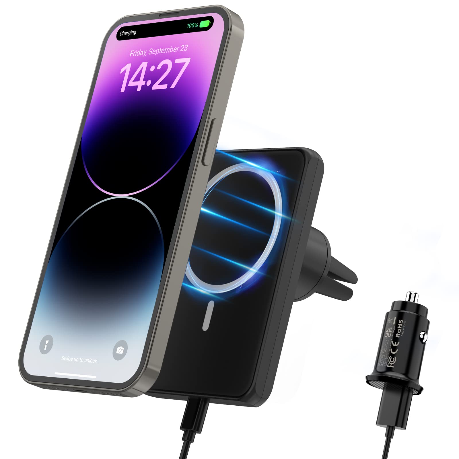 JoyGeek Magnetic Wireless Car Charger for iPhone 14/13/12 Series | Fast 18W Qi Charging | Mag-Safe Compatible Car Mount | Air Vent Phone Holder | Black | Perfect for Road Trips & Daily Commutes