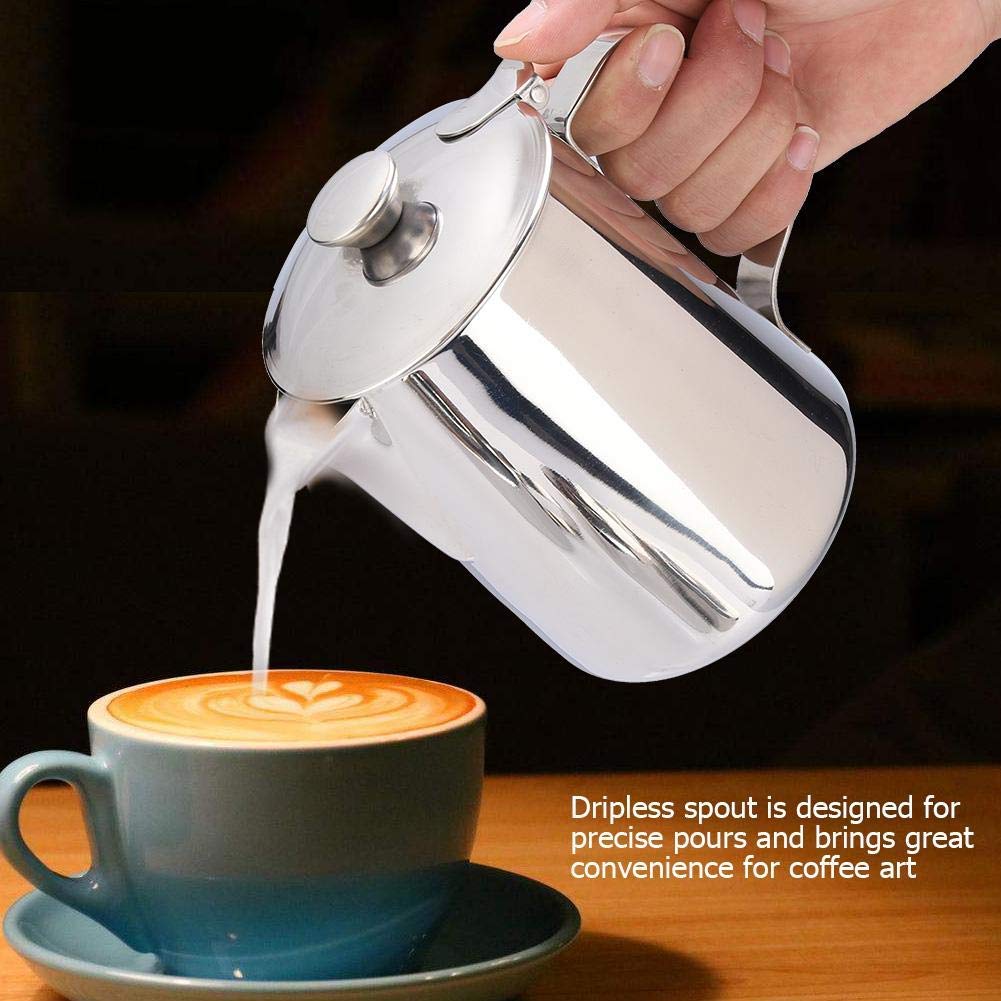 Stainless Steel Coffee Milk Frothing Pitcher with Lid - 1000mL Latte Art Jug for Barista, Home & Office Use - Perfect for Espresso, Cappuccino & Hot Chocolate Making
