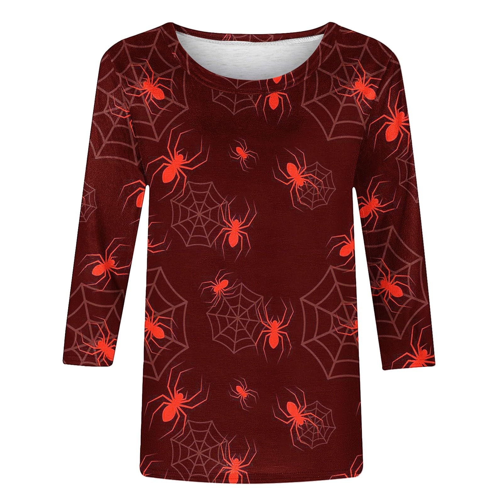 **Women's Halloween Tops 2024 – Plus Size 3/4 Sleeve Horror Spider Graphic Shirts for Women – Perfect for Halloween Parties & Spooky Events**