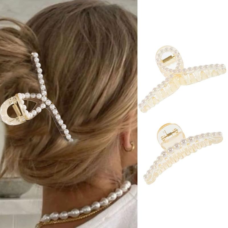 FAMEZA 2 Pack Transparent Banana Jaw Hair Clips - Pearl Hair Claw Barrette for Women & Girls, Strong Hold Hair Clamps for Ponytails, Buns & Updos - Fashion Hair Accessories (Pack of 2)