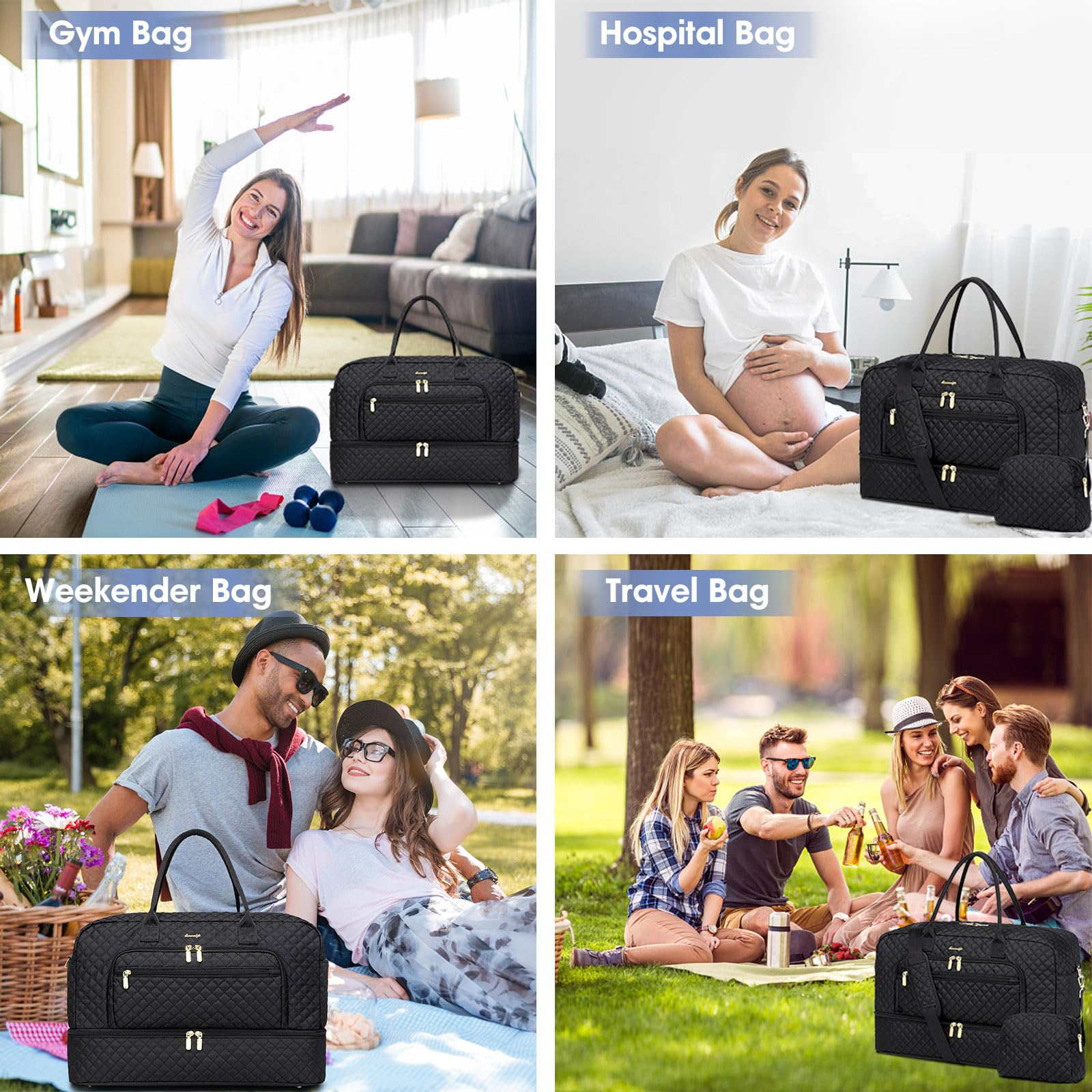 Large Women's Travel Duffle Bag - Carry On Overnight Weekender Gym Yoga Tote with Wet Pocket & Toiletry Compartment | Perfect for Business Trips, Weekend Getaways, Sports, Hospital Visits & Gym Workouts (Black)