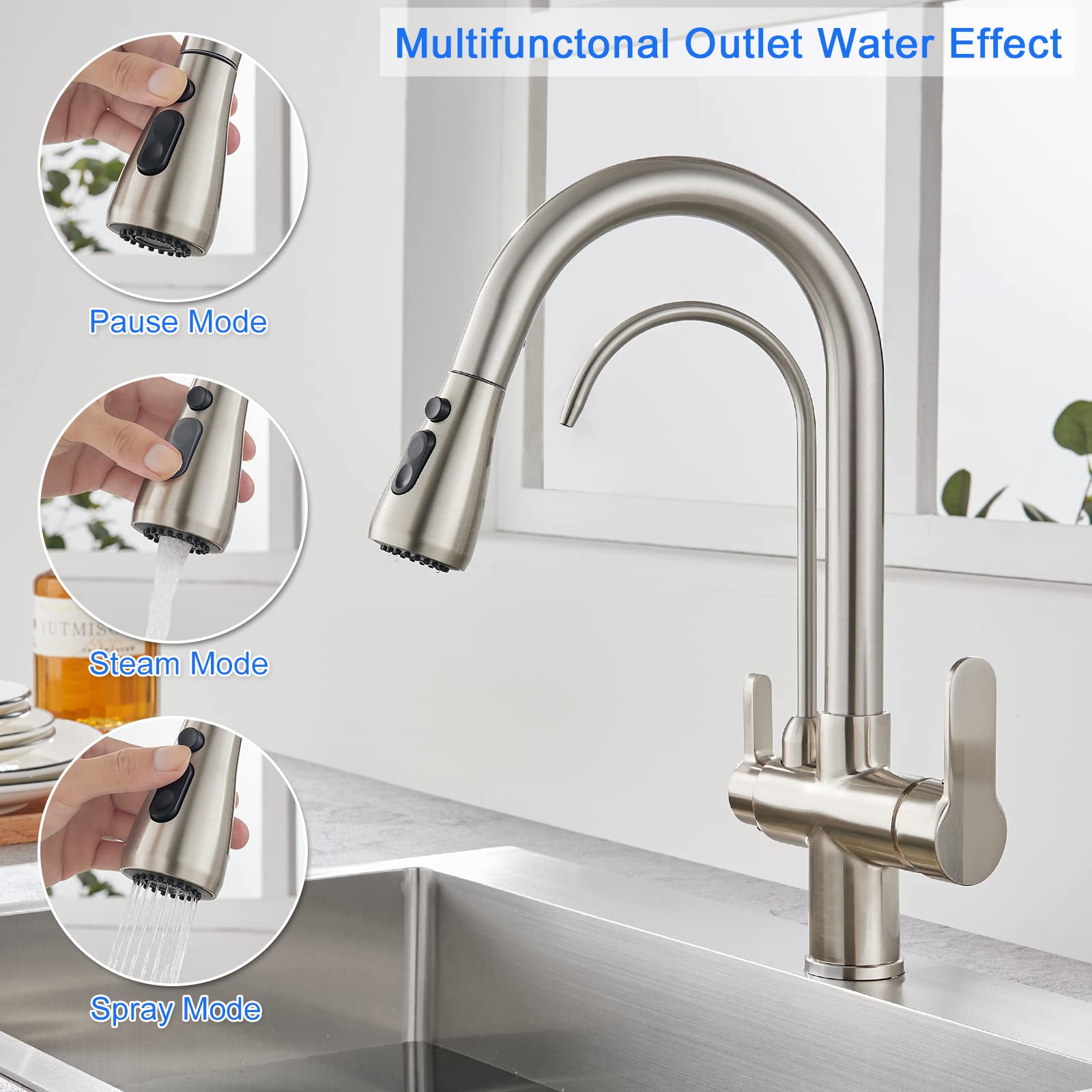 TSIBOMU 3-in-1 Pull Down Kitchen Faucet with Drinking Water Filter - Brushed Nickel Finish | 2 Handle Design for Easy Control | Perfect for Modern Kitchens, Cooking & Dishwashing