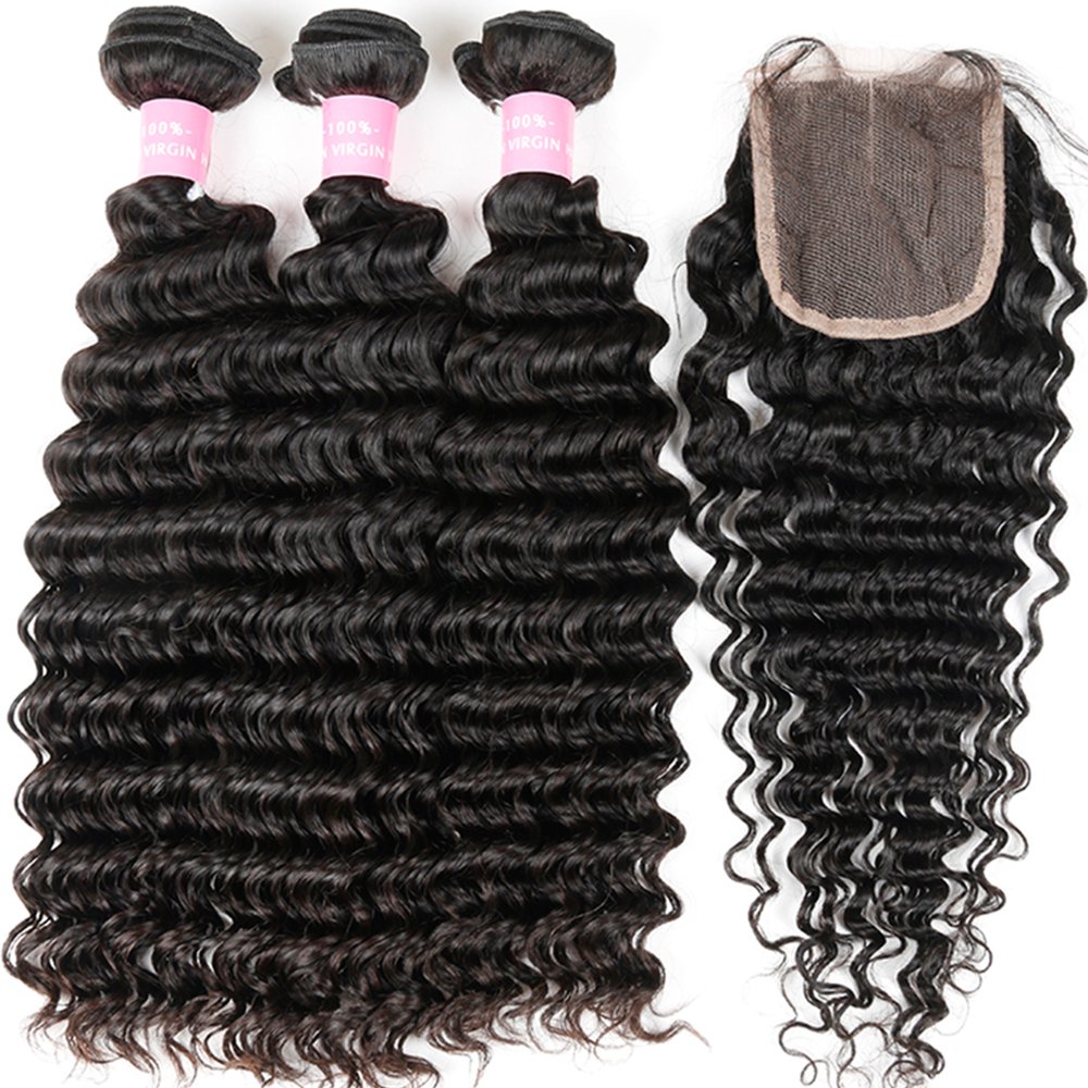 Brazilian Virgin Human Hair Bundles with Closure - 3 Bundles Deep Wave Unprocessed Hair (14, 16, 18+12 inches) | Middle Part Lace Closure | Perfect for Weaves, Extensions & Protective Styles