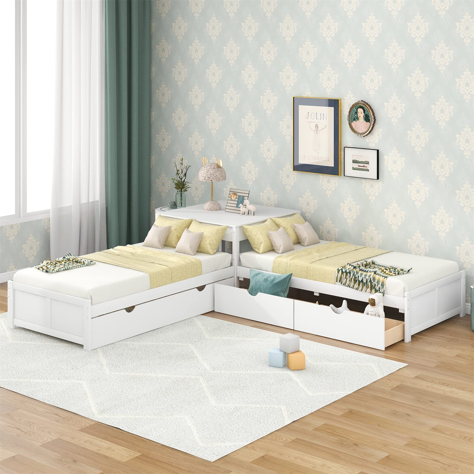 L-Shaped Twin Beds with Trundle and Storage Drawers - Wooden Corner Bed with Built-in Desk for Kids & Teens - Space-Saving Bedroom Furniture for Small Rooms, Guest Rooms & Dorm Rooms - White